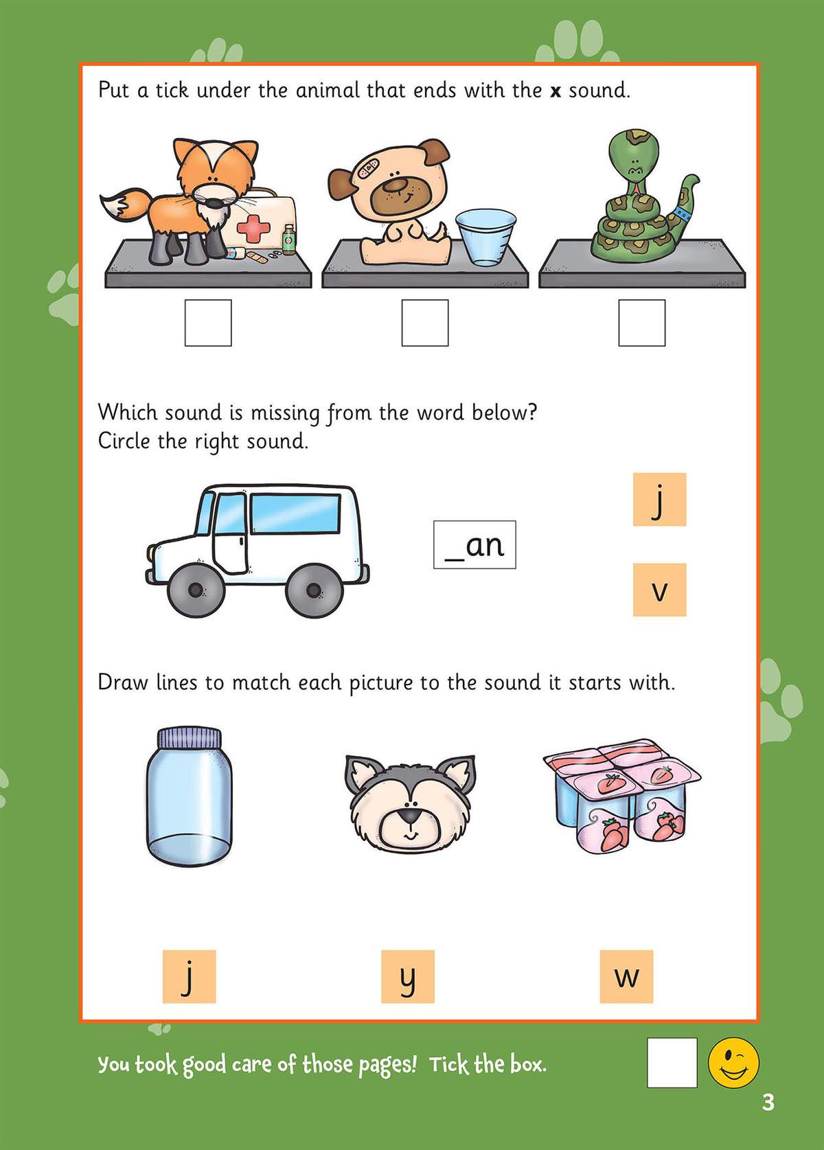 Children tick animals ending in the 'x' sound, circle missing sounds in words, and match pictures to starting sounds