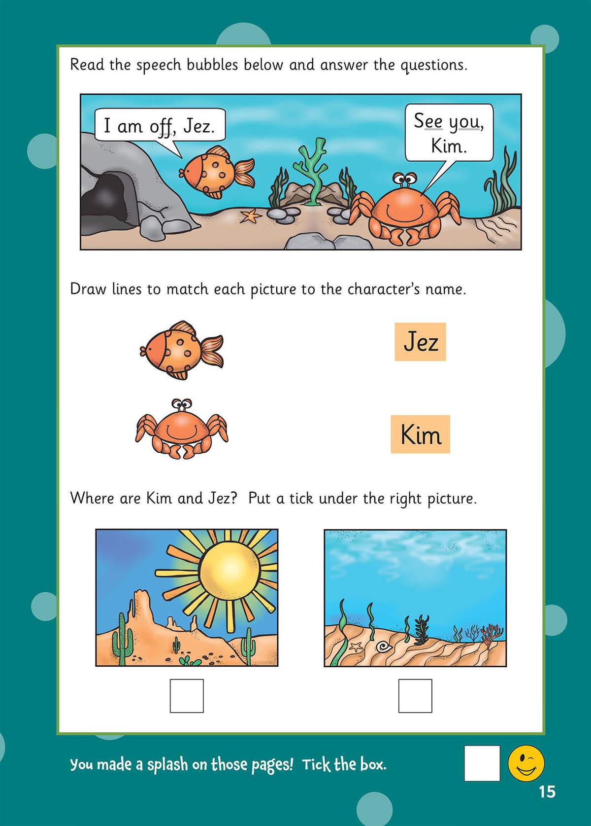 Children read speech bubbles, match characters to names, and tick the correct setting for each