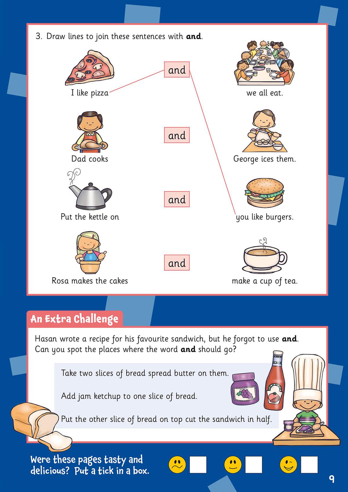 Children join sentences with 'and' using lines, then spot missing conjunctions in a recipe and tick a face to self-assess
