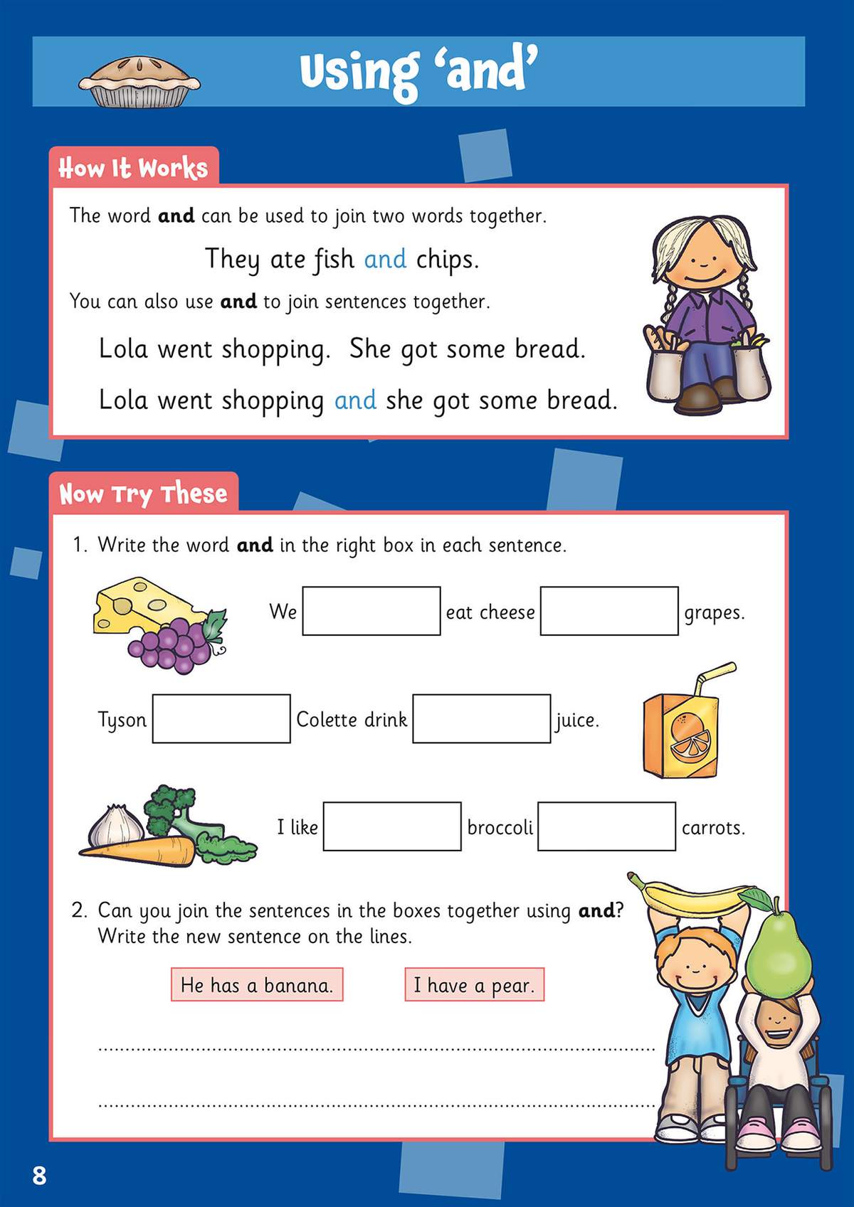 Children join words and sentences using 'and' with fill-in-the-blanks and writing lines