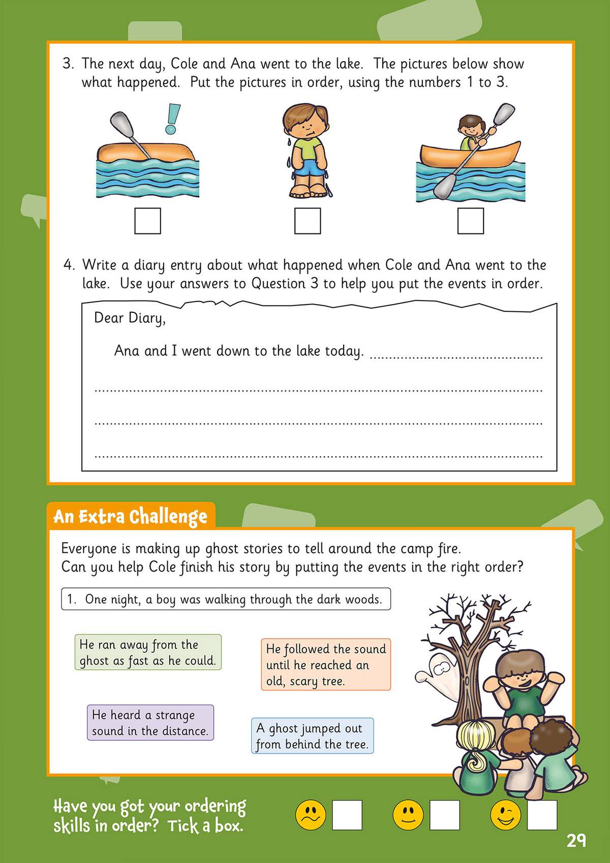 Children order three pictures of a lake trip, write a diary entry, and sequence a ghost story