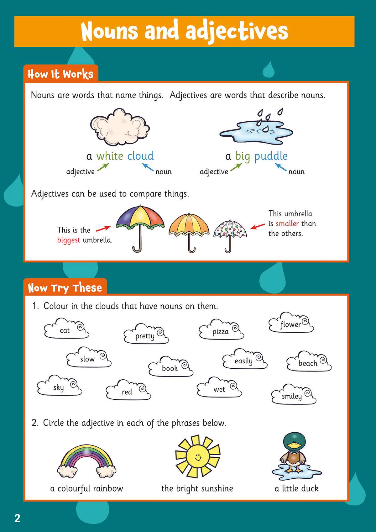 Children colour clouds with nouns and circle adjectives in phrases, learning to distinguish between the two