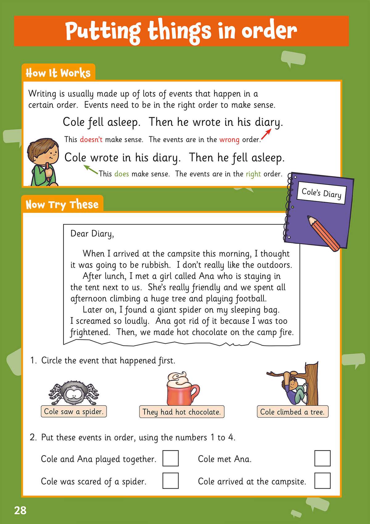 A diary entry about a campsite sets up questions where children circle the first event and order four sentences