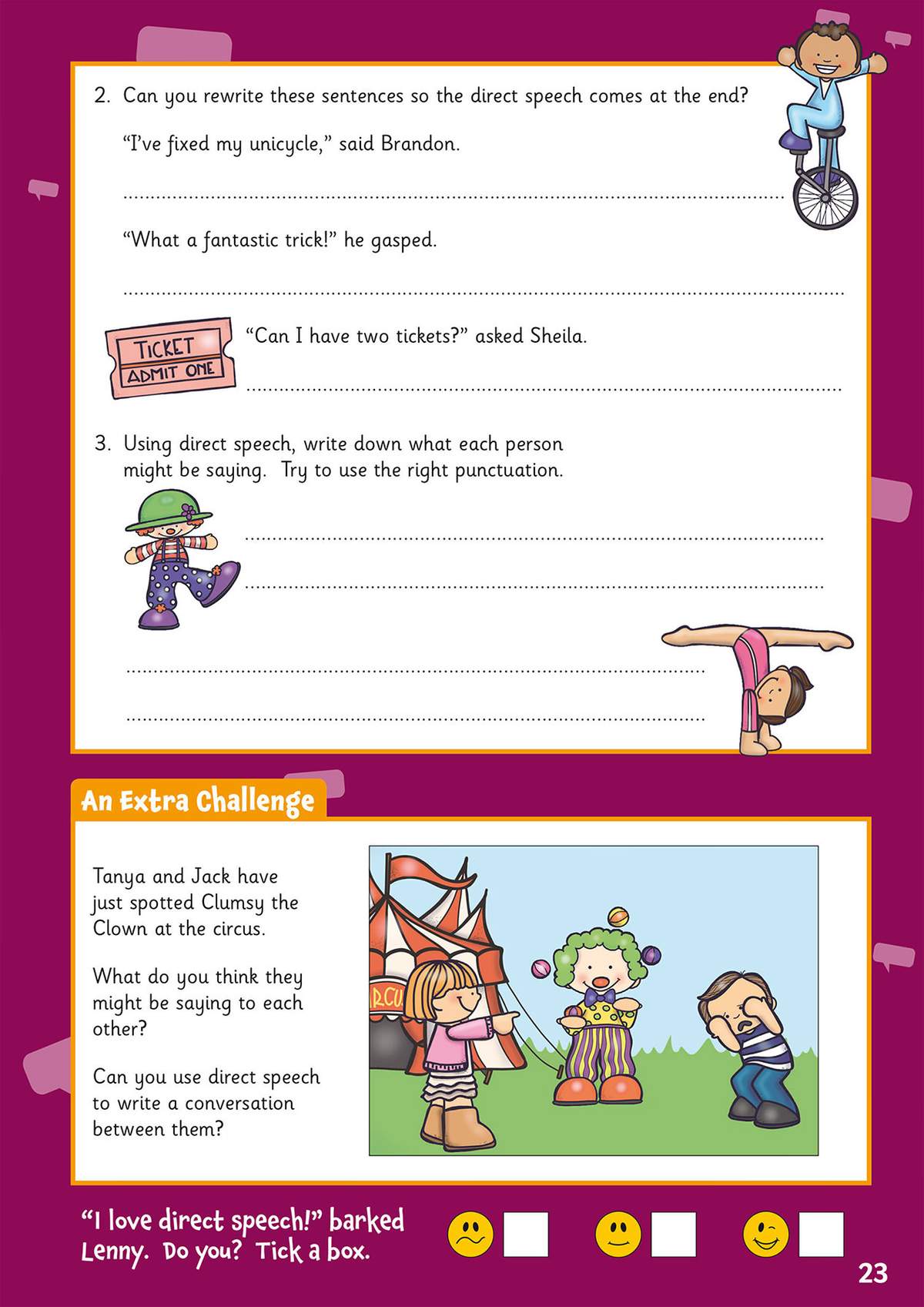 Children rewrite sentences and write conversations using direct speech, with a circus-themed challenge and a self-assessment