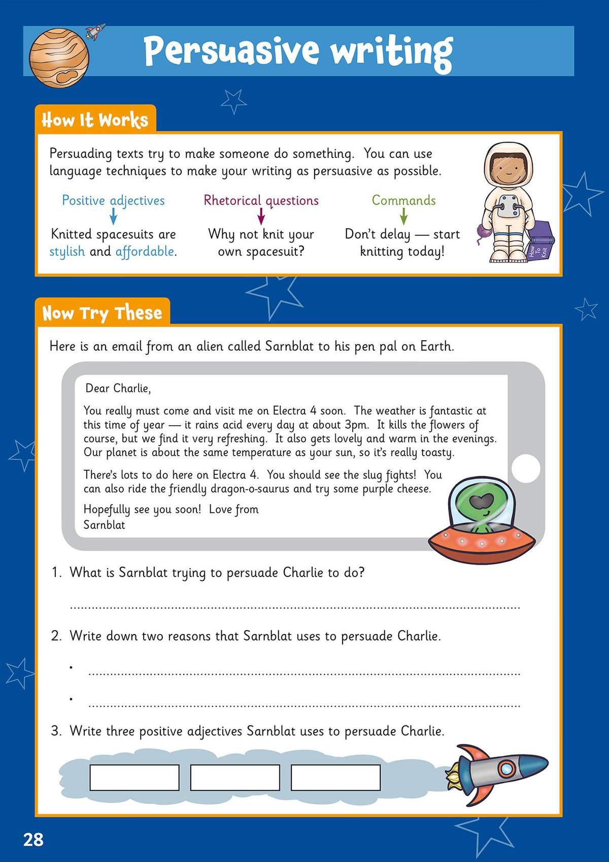 A short email from an alien is read, followed by three questions asking children to identify persuasive techniques used