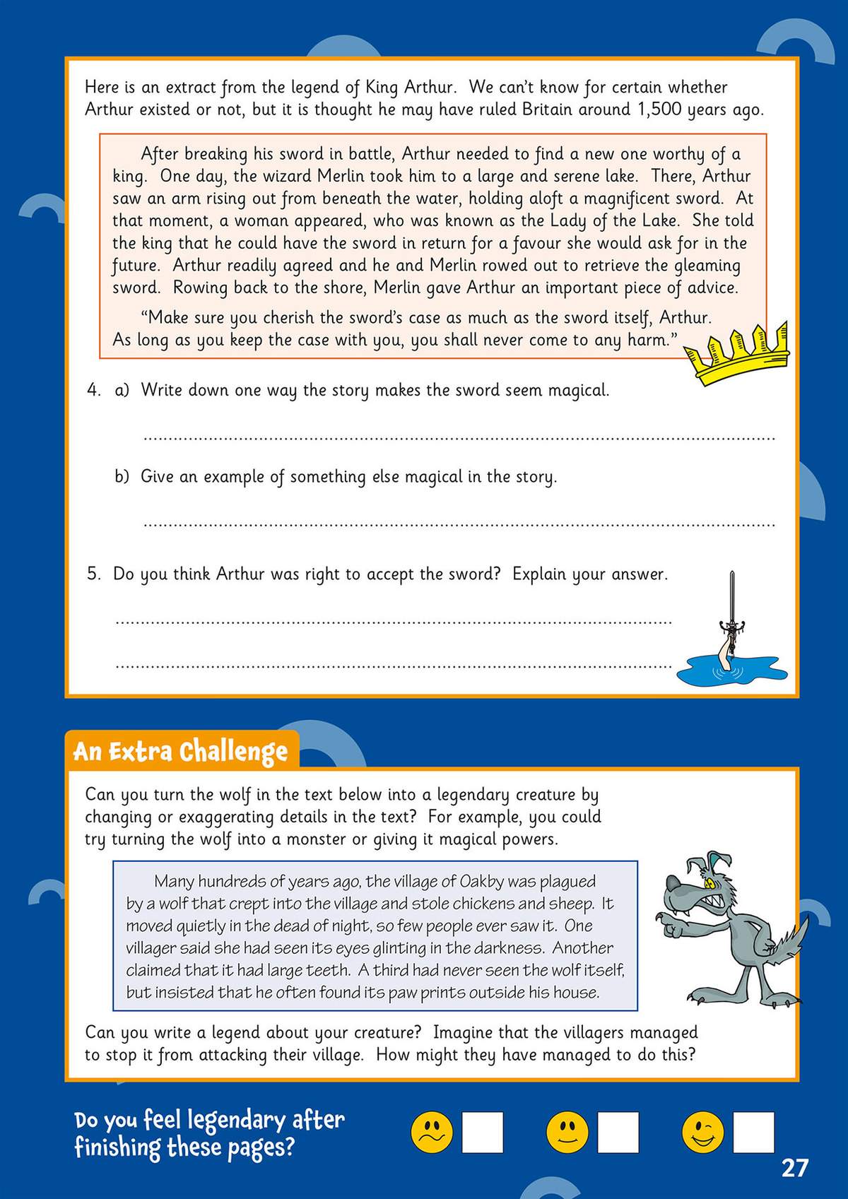 A reading extract about King Arthur's sword, followed by comprehension questions and a creative writing challenge to write