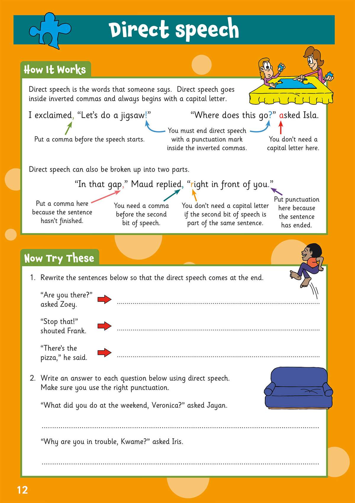 Children learn direct speech rules with examples, then rewrite sentences and write answers using correct punctuation