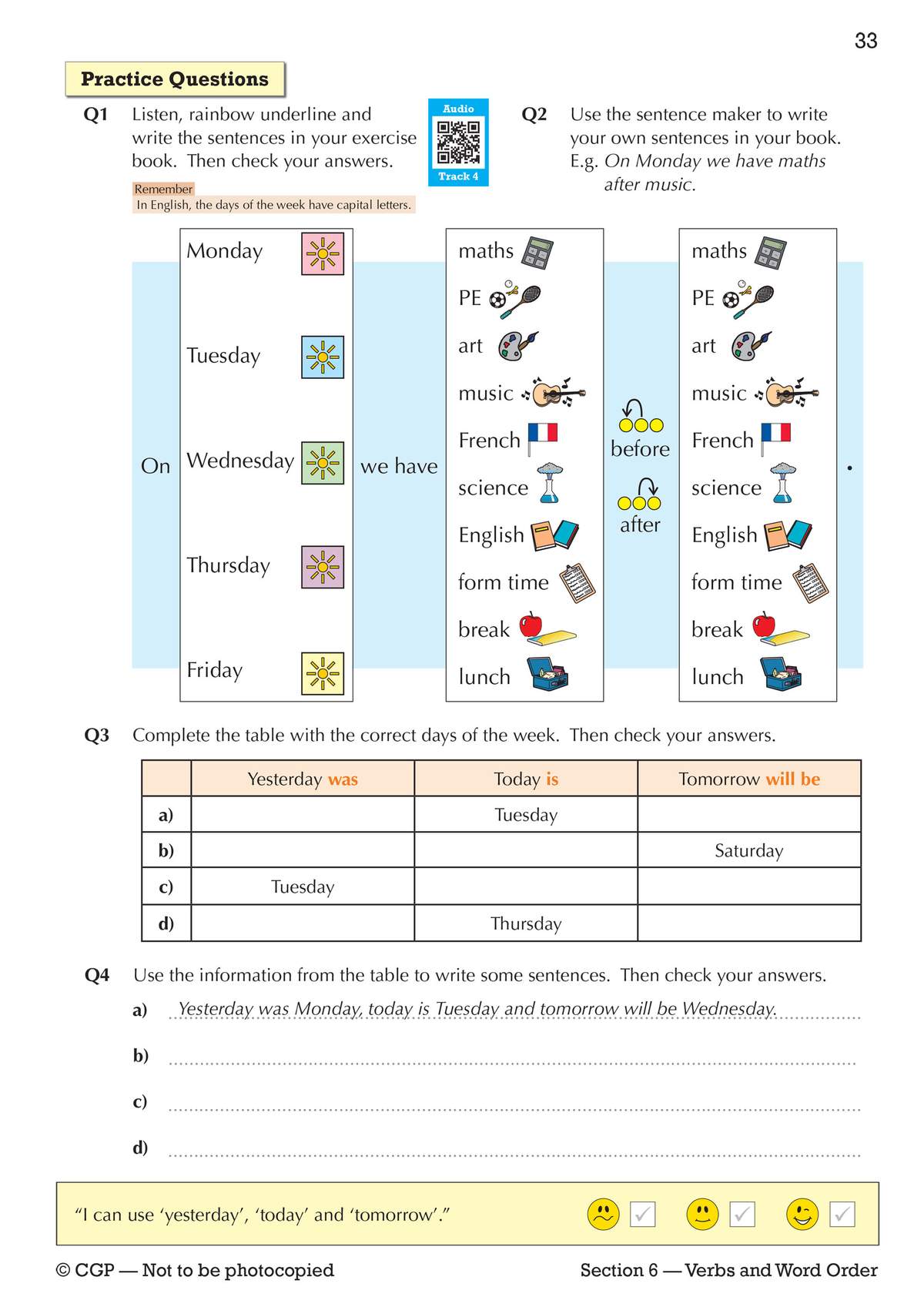 Students match days to icons, complete a table with yesterday today and tomorrow