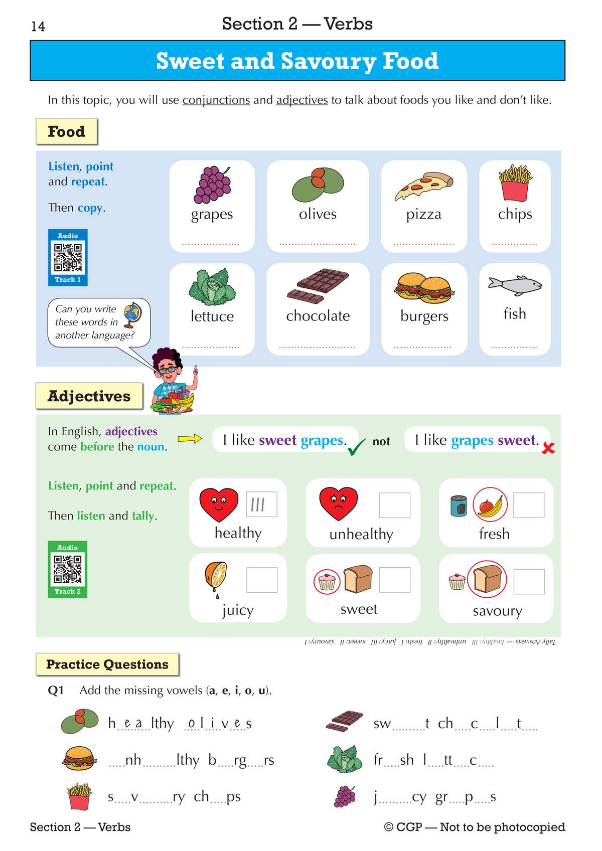 Students copy food words, tally healthy versus unhealthy items, and fill in missing vowels in sentences about food