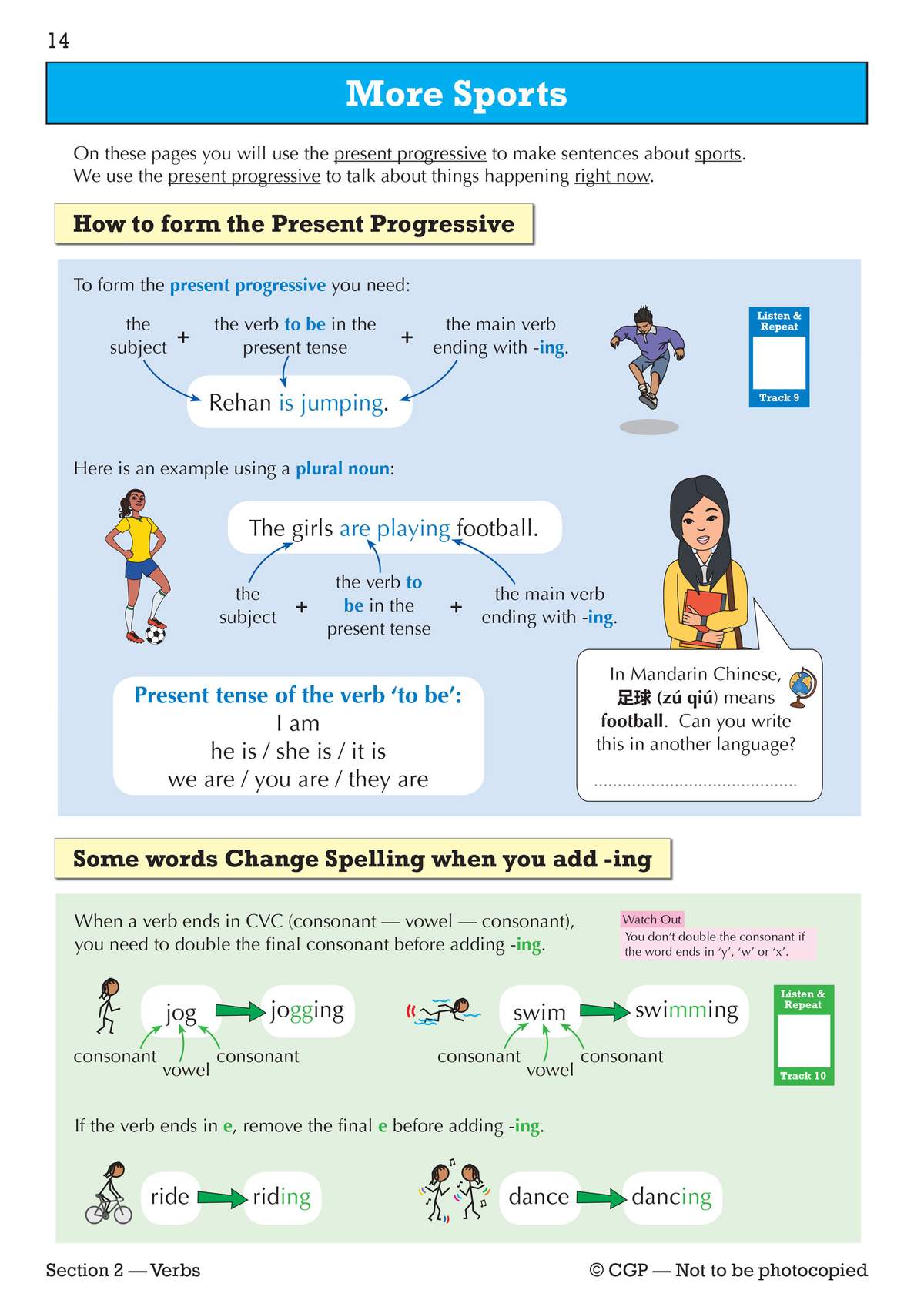 Clear rules and examples for forming present progressive sentences, using sports vocabulary and simple diagrams