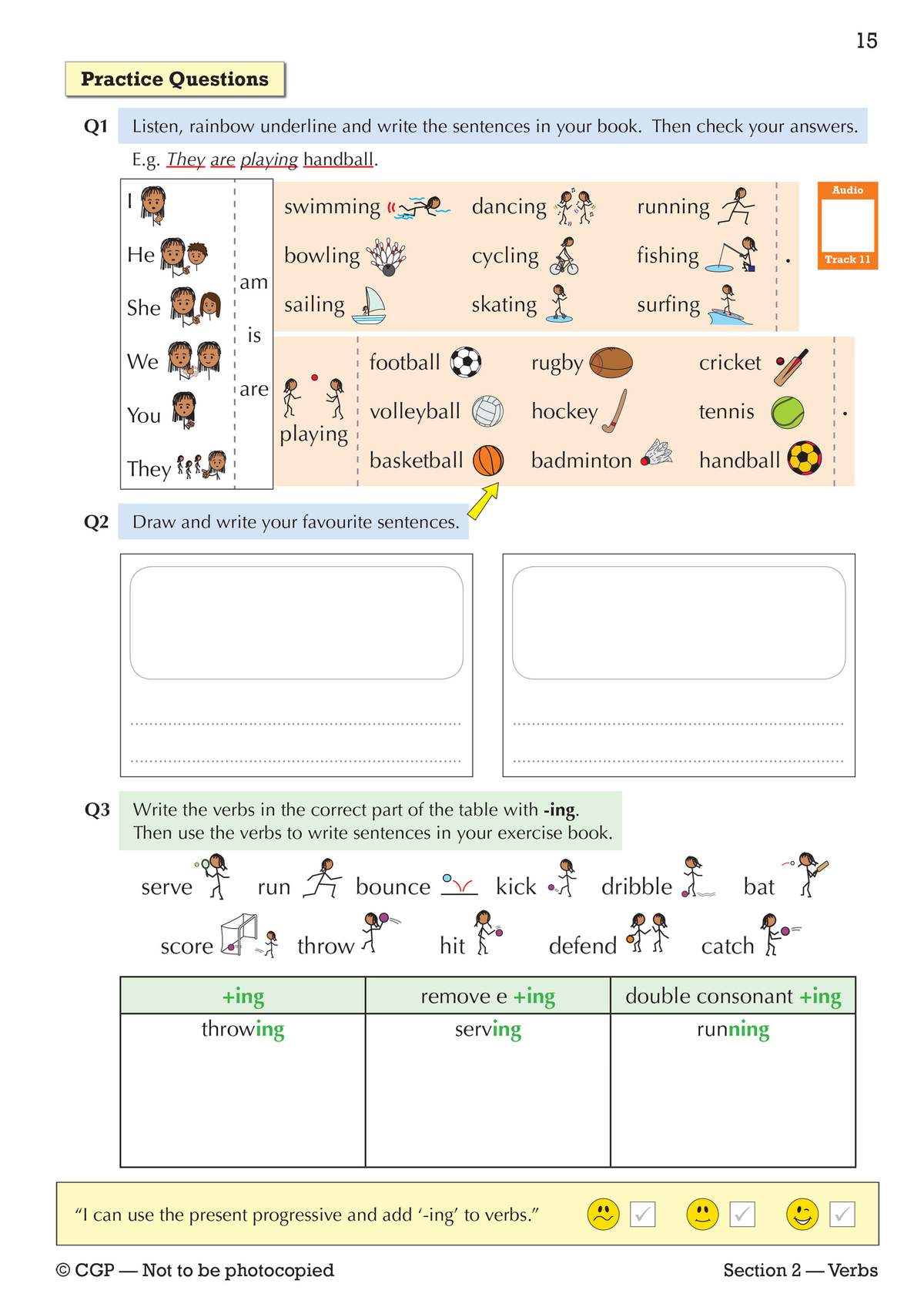 Students listen to audio, underline sentences, and write their own sentences using verbs with -ing endings