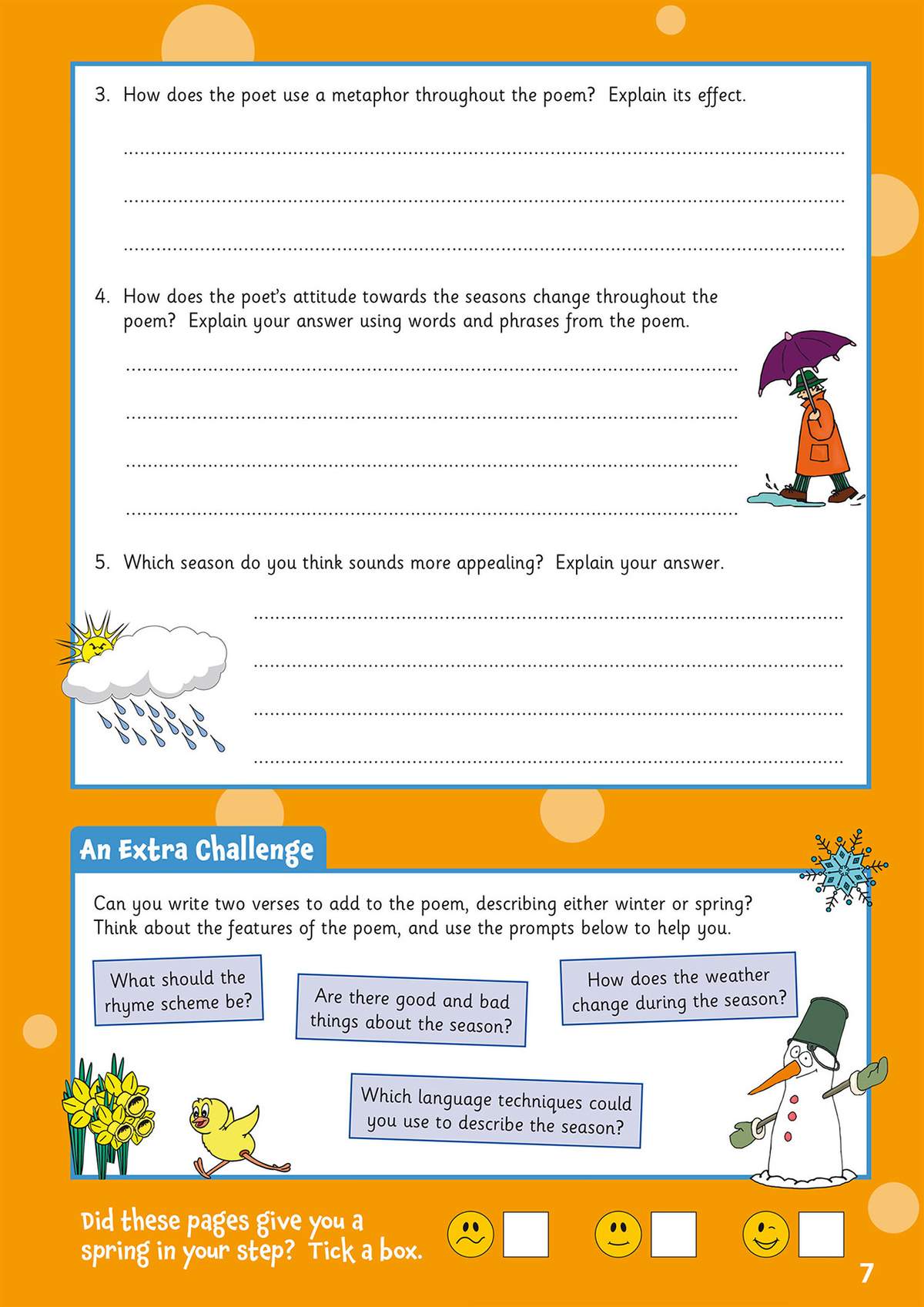Children write short answers about metaphors and seasons, then compose two verses using seasonal prompts and