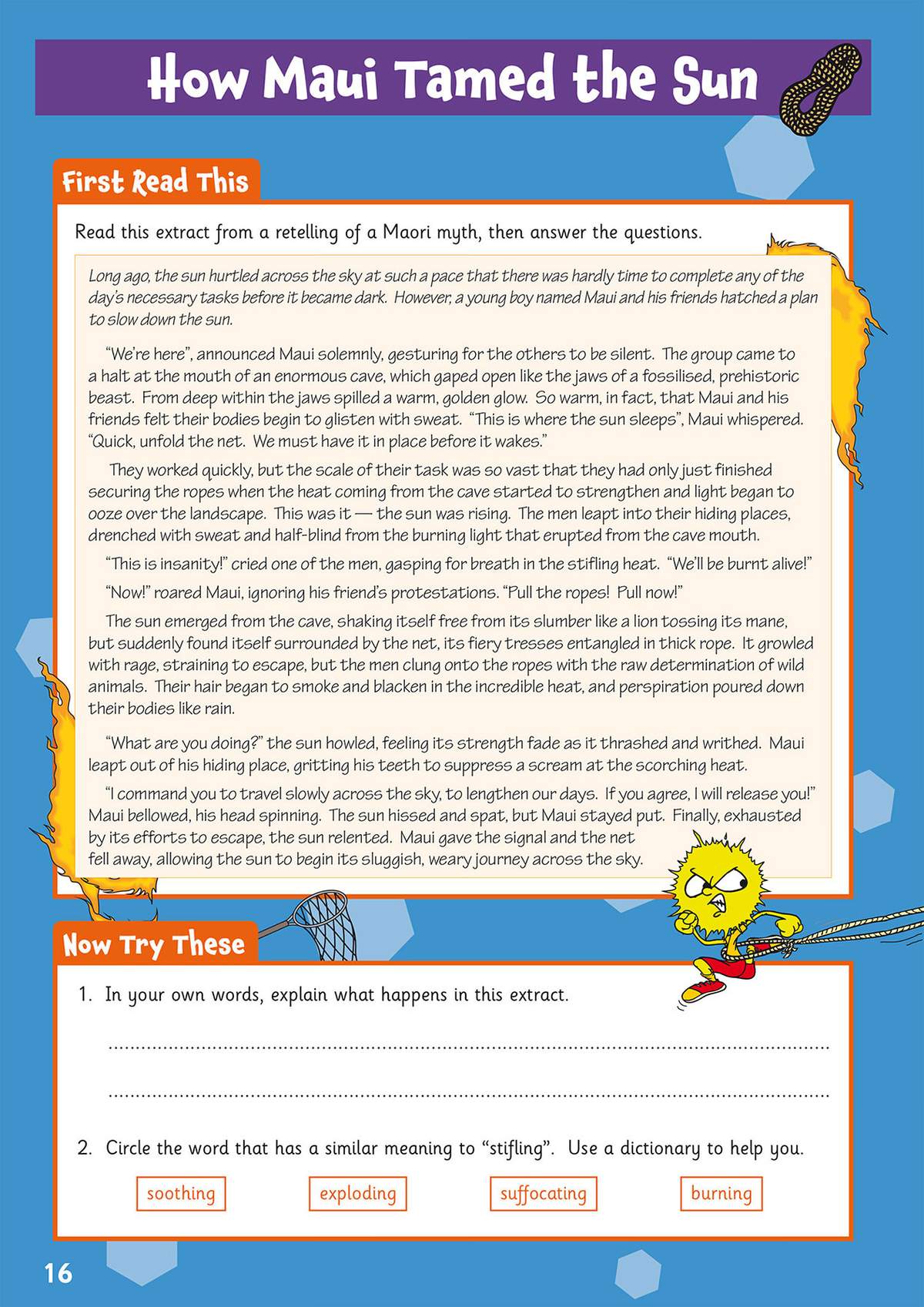 A Maori myth extract about Maui taming the sun, followed by a summary question and a synonym task