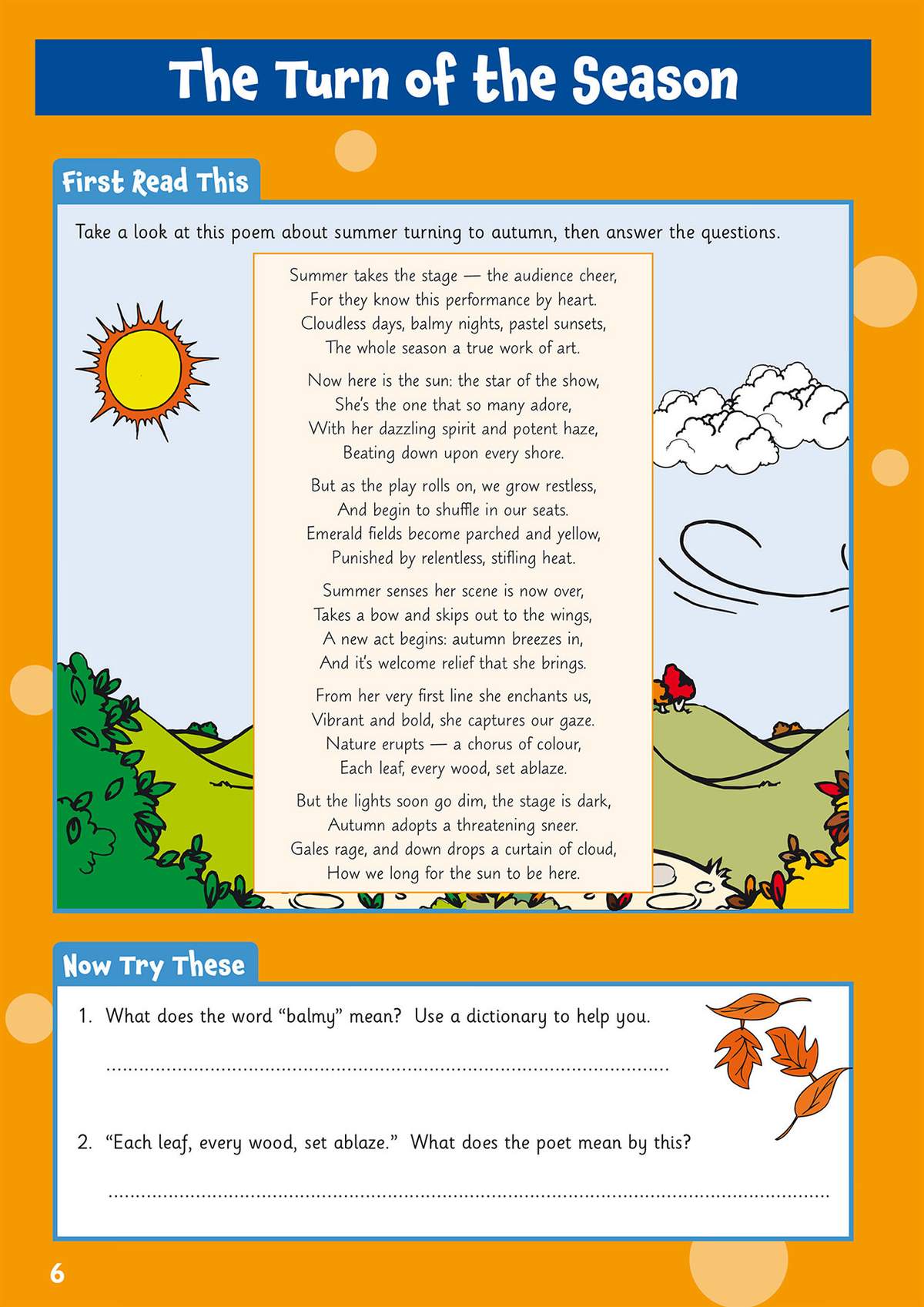 A poem about summer turning to autumn is read, followed by two questions on vocabulary and meaning