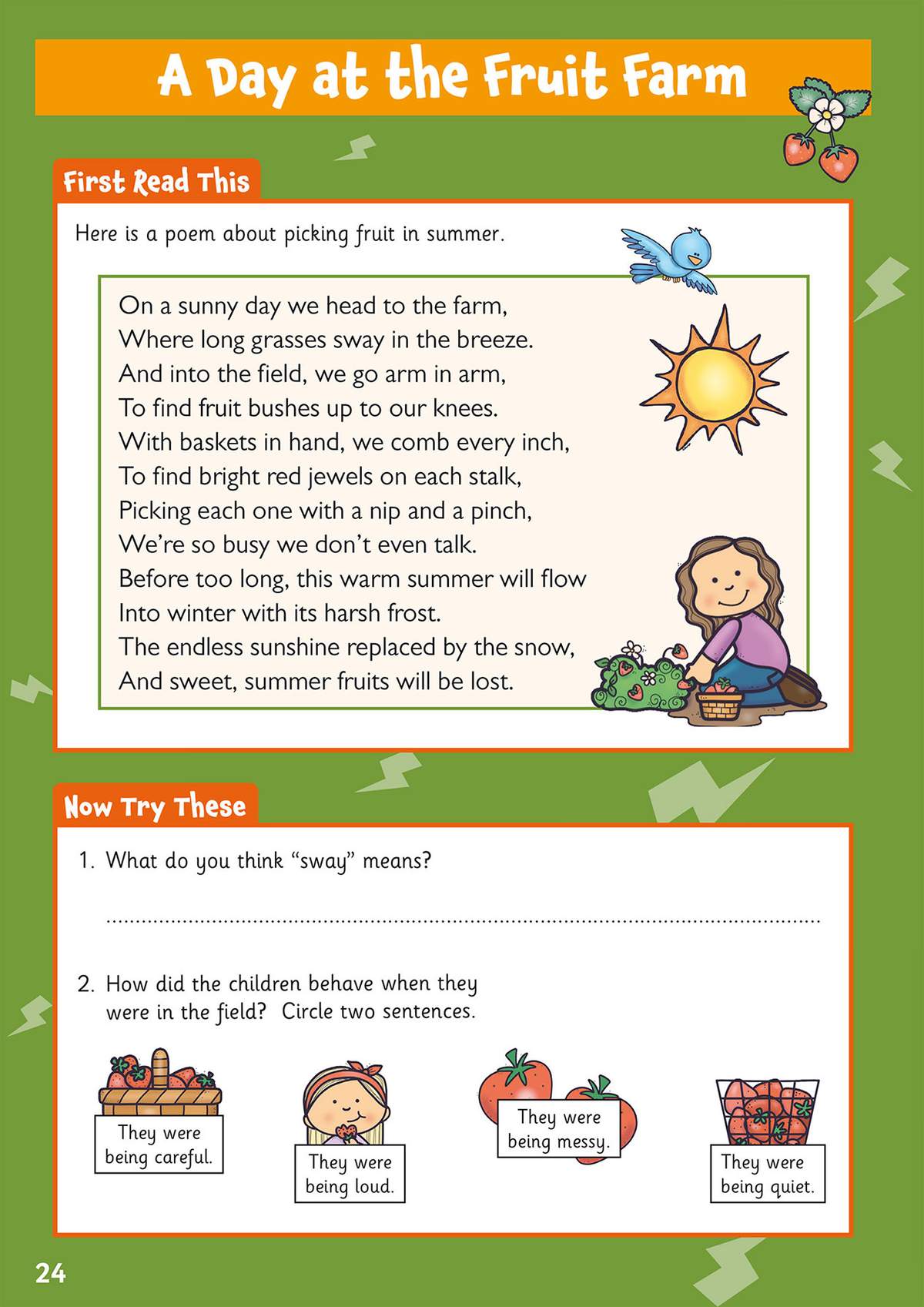 Children read a poem about picking fruit, then answer two questions by writing a definition and circling two sentences