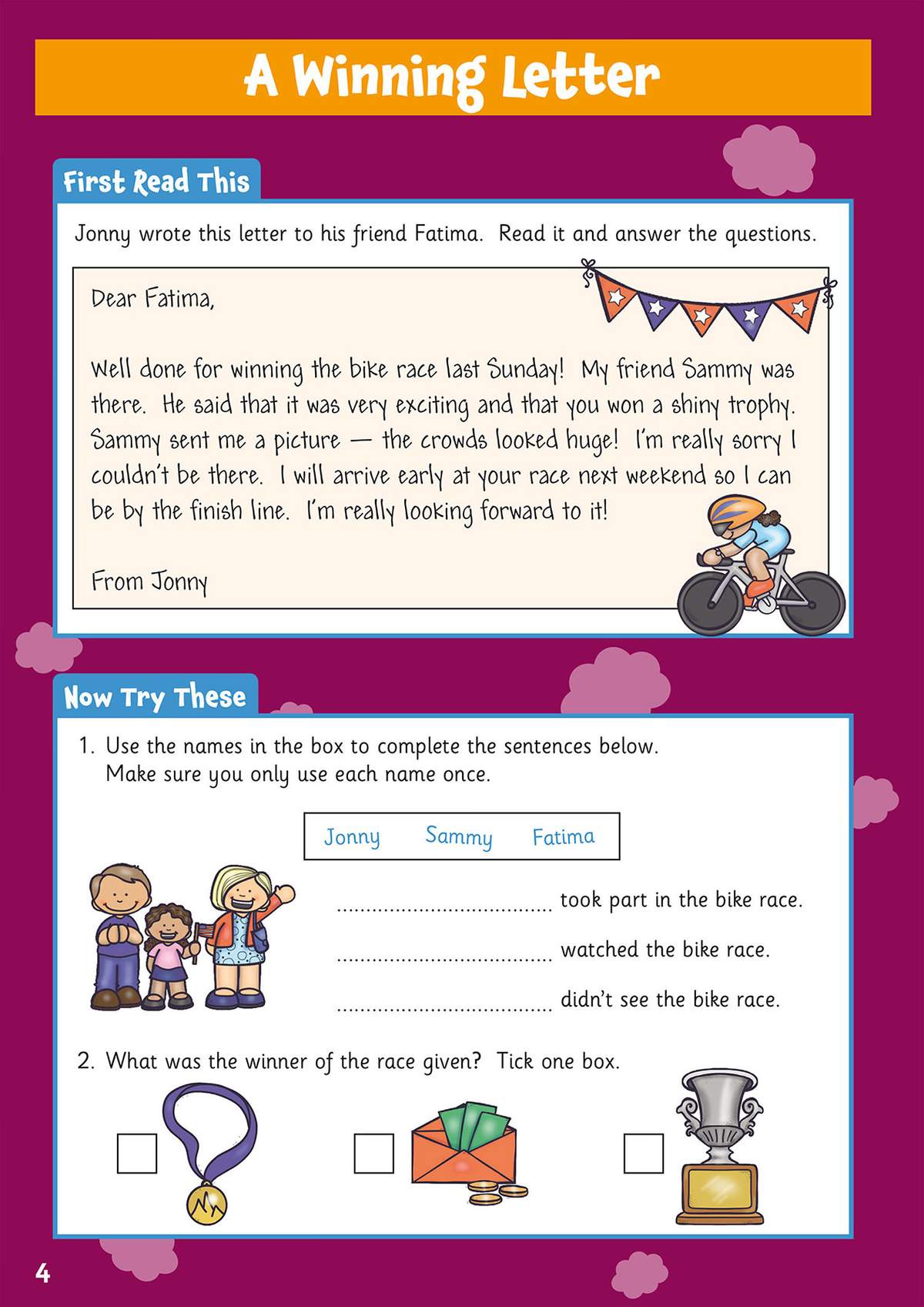 Children read a letter about a bike race, then complete sentences using names and tick the correct prize