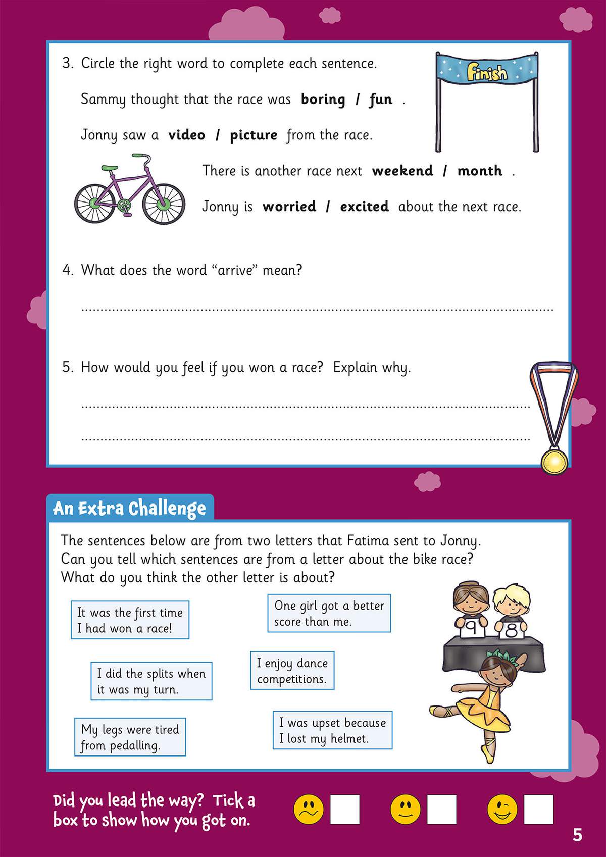 Children circle words to complete sentences, write answers to comprehension questions