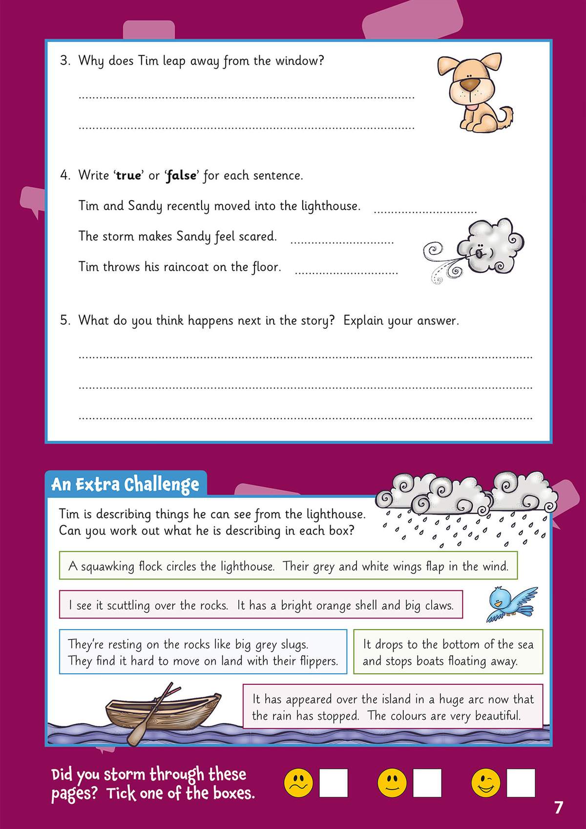 Children answer three questions about a story, then identify five hidden objects from Tim's descriptions in an extra