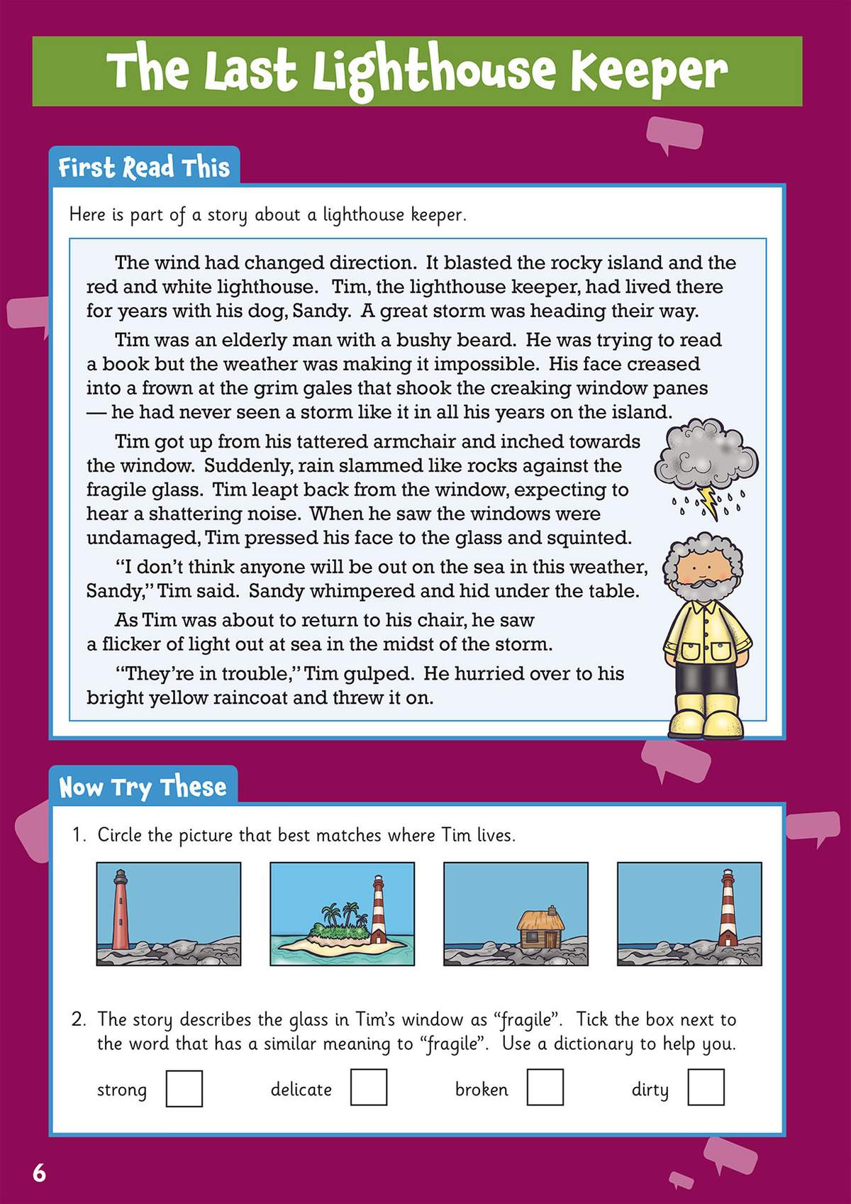 A story about a lighthouse keeper facing a storm, followed by questions to circle the setting and find a synonym for fragile