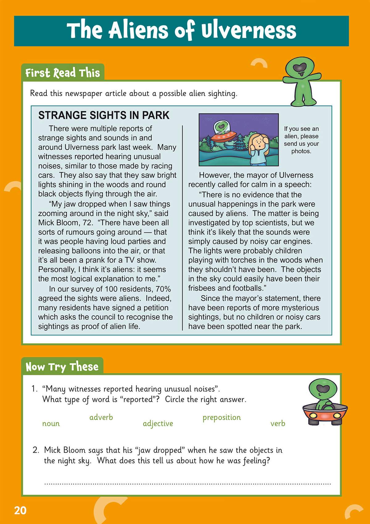 A newspaper article about strange sights in a park is followed by questions to identify parts of speech and infer feelings
