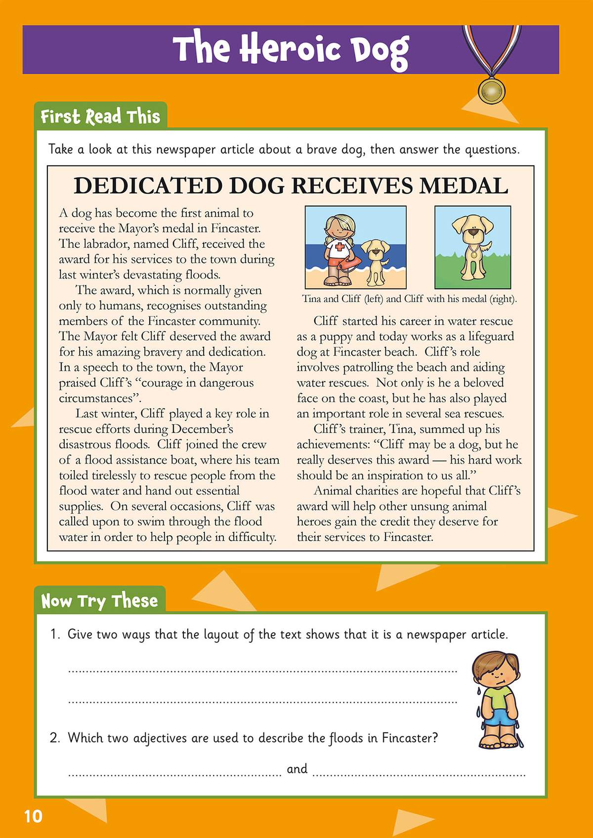 A newspaper article about a dog receiving a medal, followed by two questions on text features and adjectives