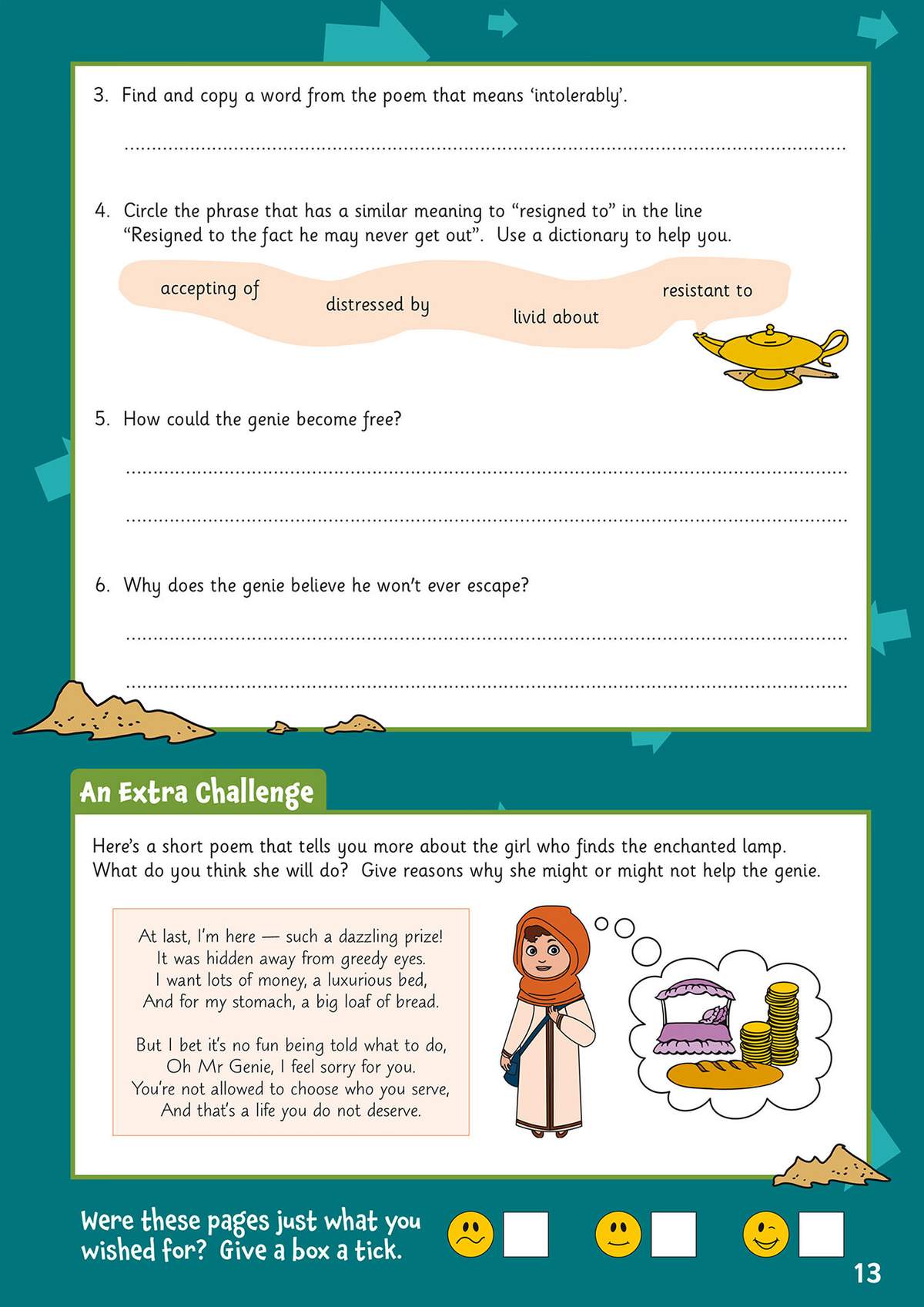 Children answer questions about a genie story, circle synonyms, and write reasons for a challenge poem