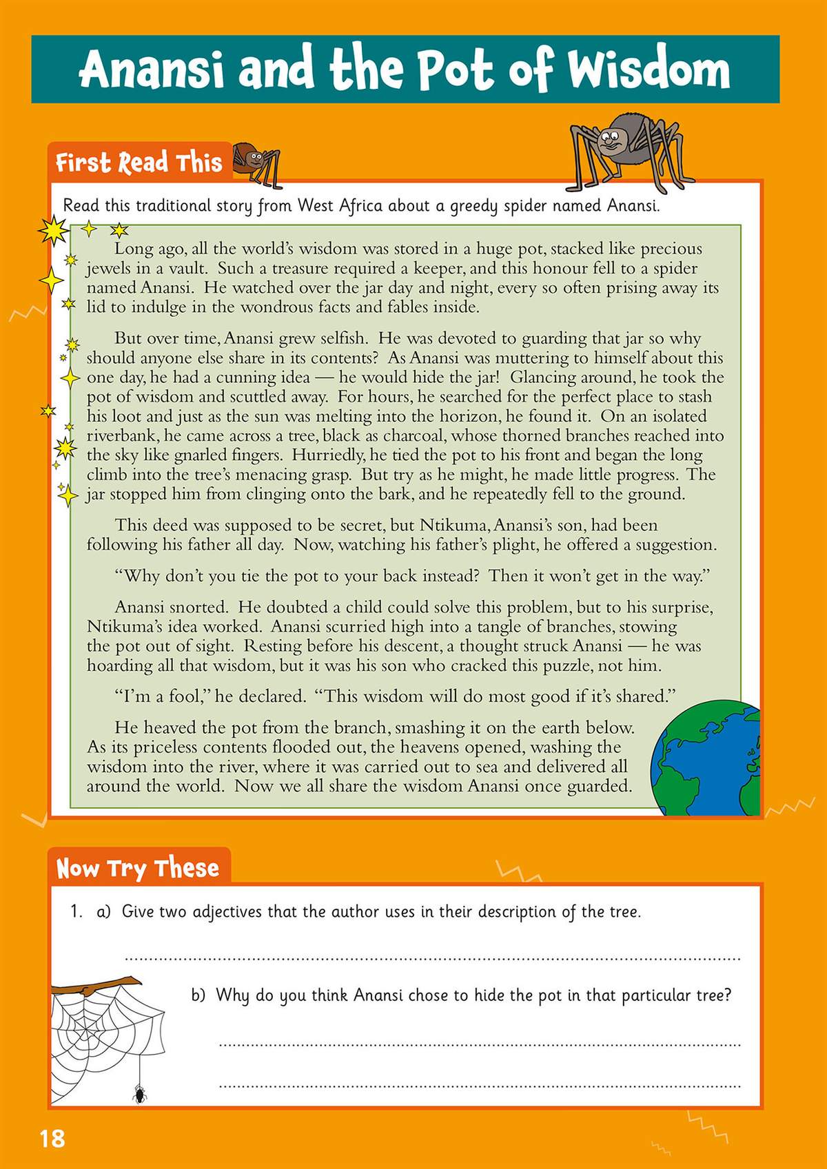 A traditional West African fable about a greedy spider, followed by questions to identify adjectives and infer motives