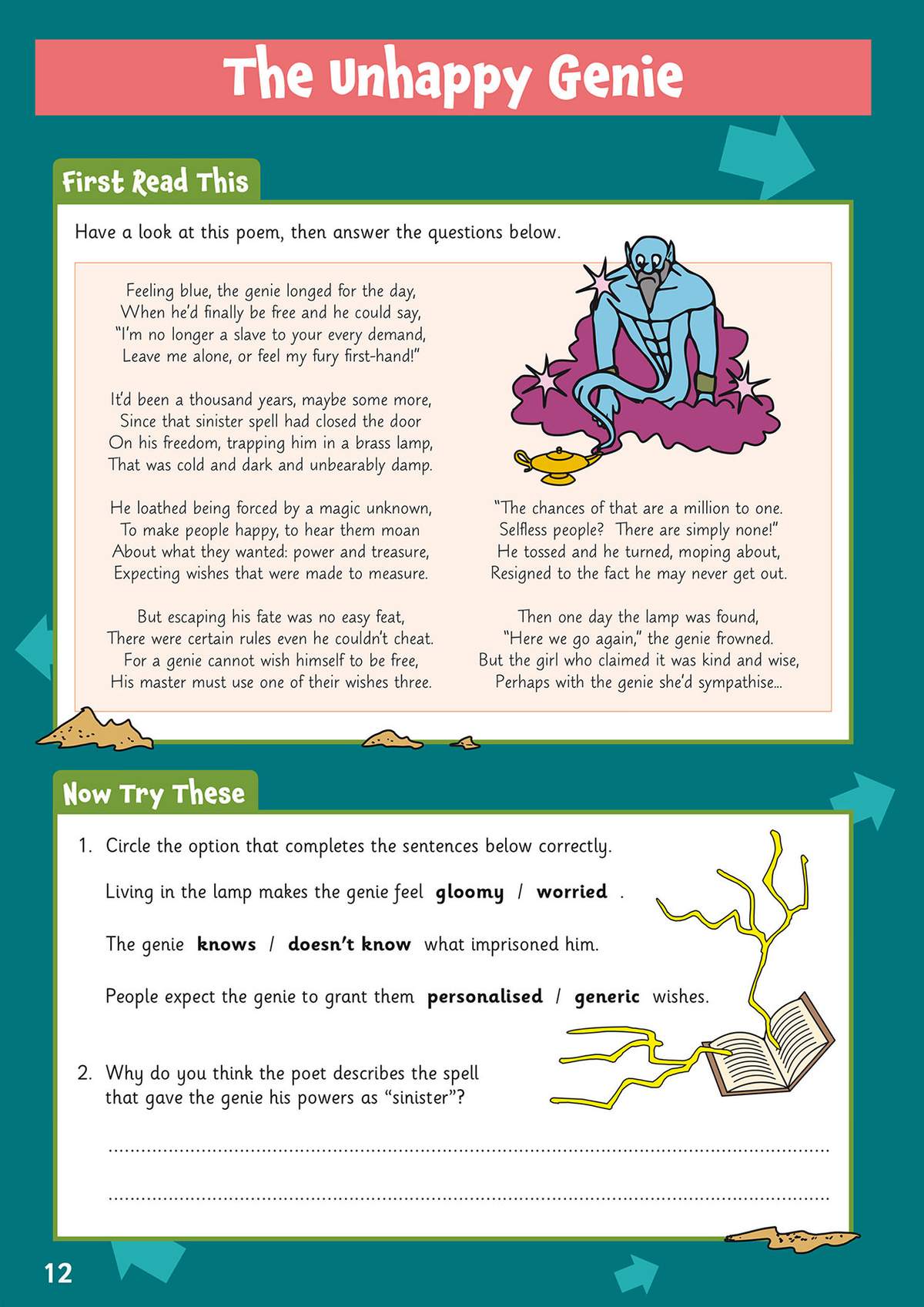 A poem about an unhappy genie is read, followed by multiple-choice questions and a short written answer to test understanding