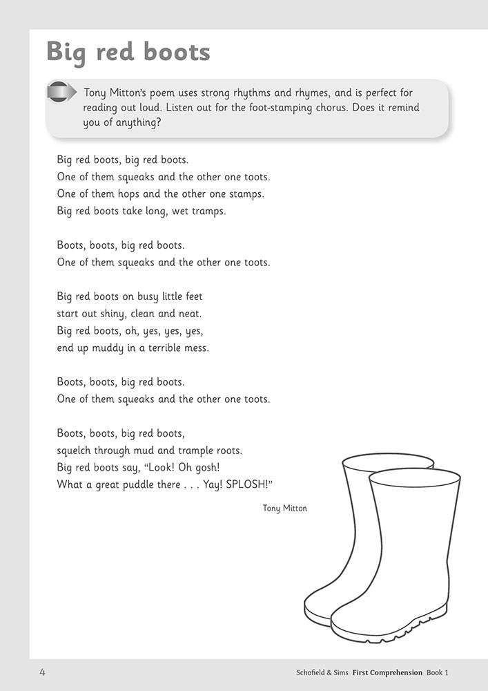 A rhythmic poem about big red boots, with a line drawing of a pair of boots to illustrate the text