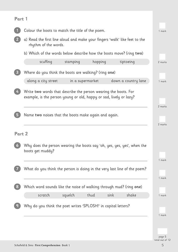 Nine questions about a poem, including multiple choice, short answers, and writing tasks to build reading comprehension