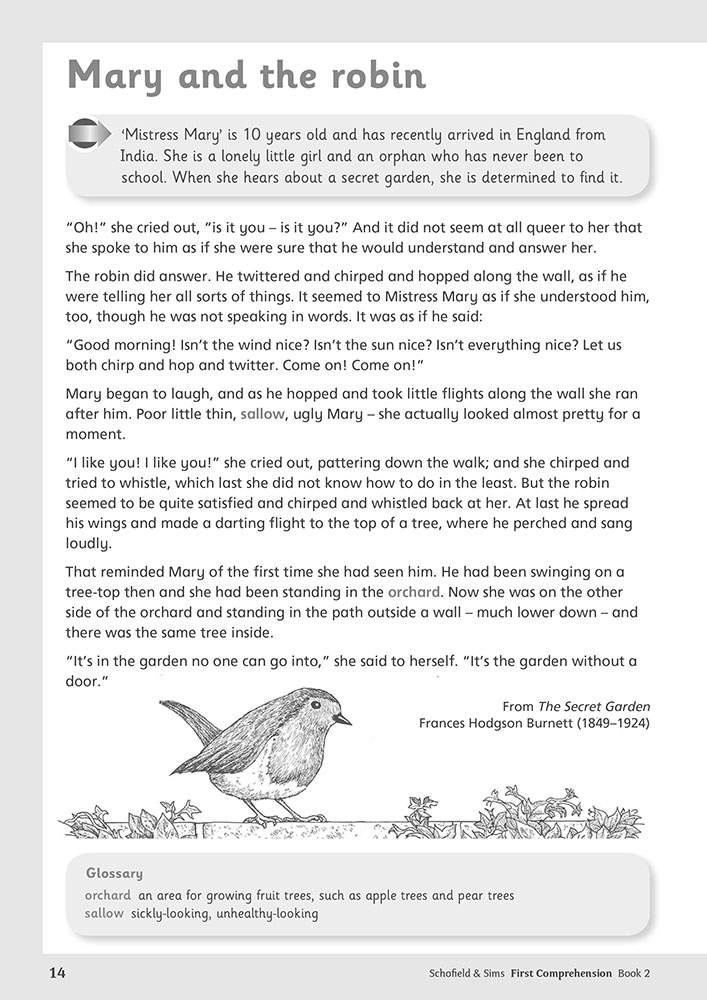 A short story about a girl named Mary and a robin, with a glossary at the bottom