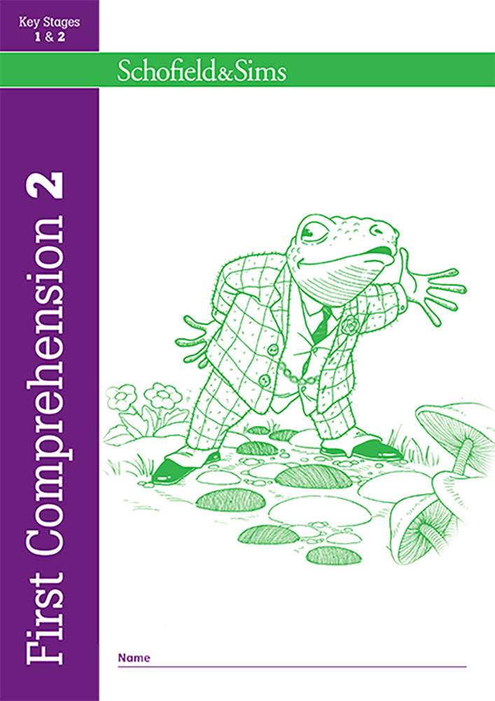 The front cover of a Year 1 and 2 reading comprehension workbook, featuring a cartoon frog in a suit