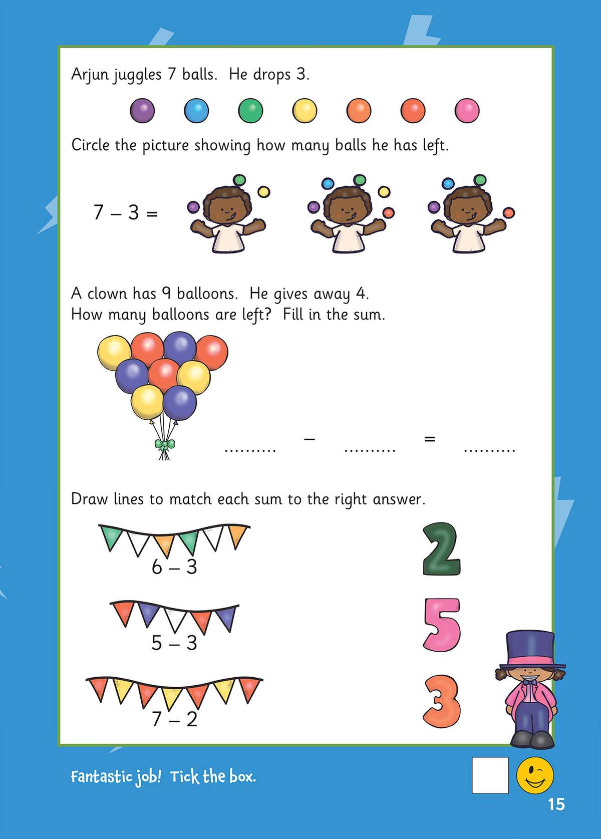Children circle pictures to show subtraction results, fill in sums, and match equations to answers using a clown theme