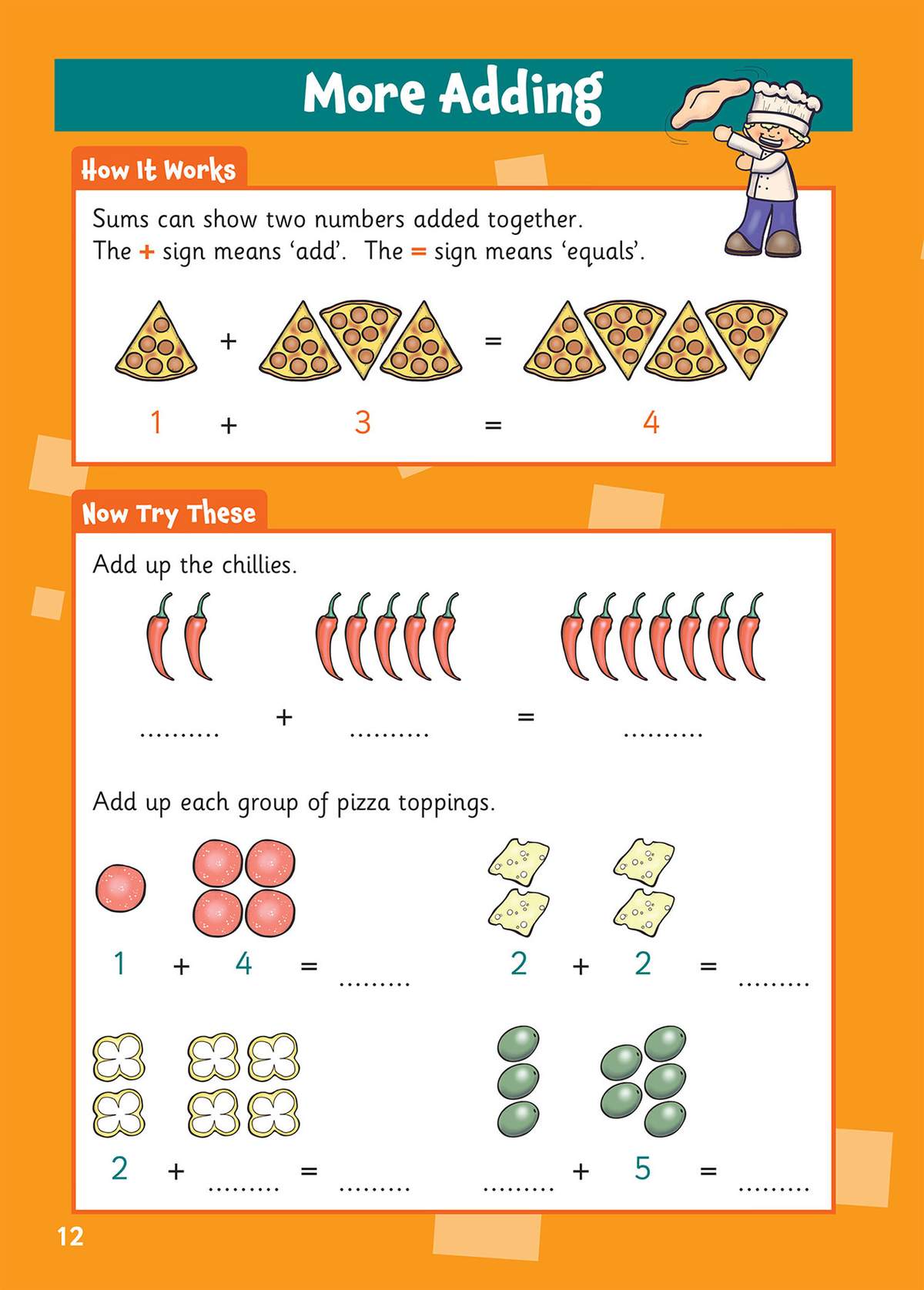 Children add groups of chillies and pizza toppings to complete simple sums, building confidence with early addition