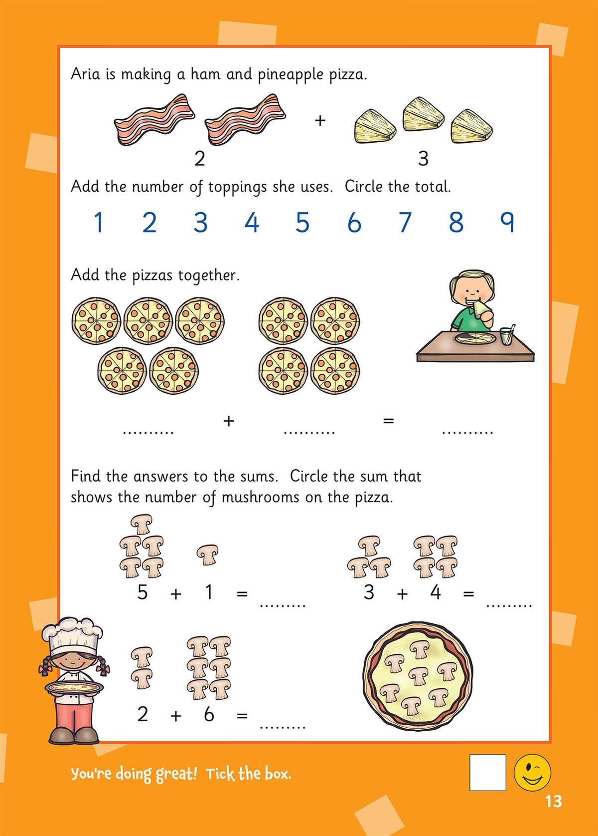 Children add pizza toppings and mushrooms using pictures, circle the correct sums, and tick a box to finish