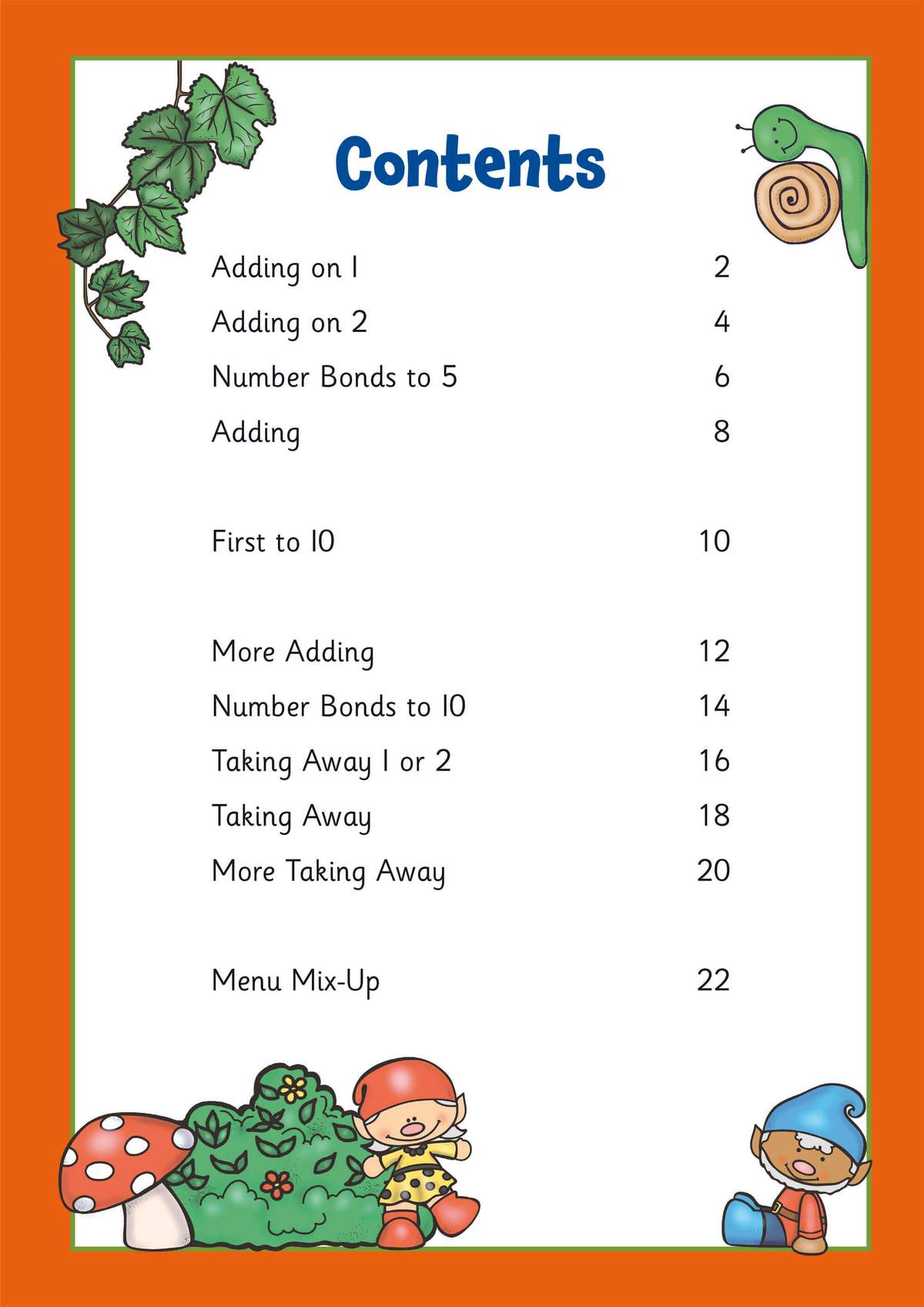 A contents page listing early addition and subtraction topics with page numbers, decorated with cartoon gnomes and a snail