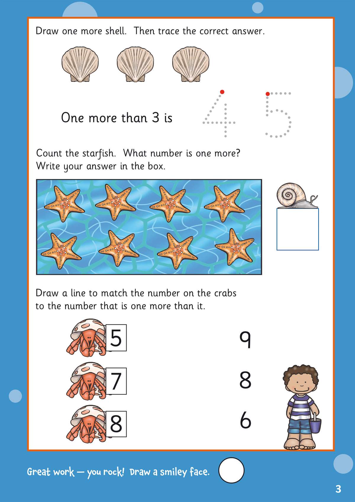 Children count shells and starfish to find one more, then match crabs to the correct number and draw a smiley face