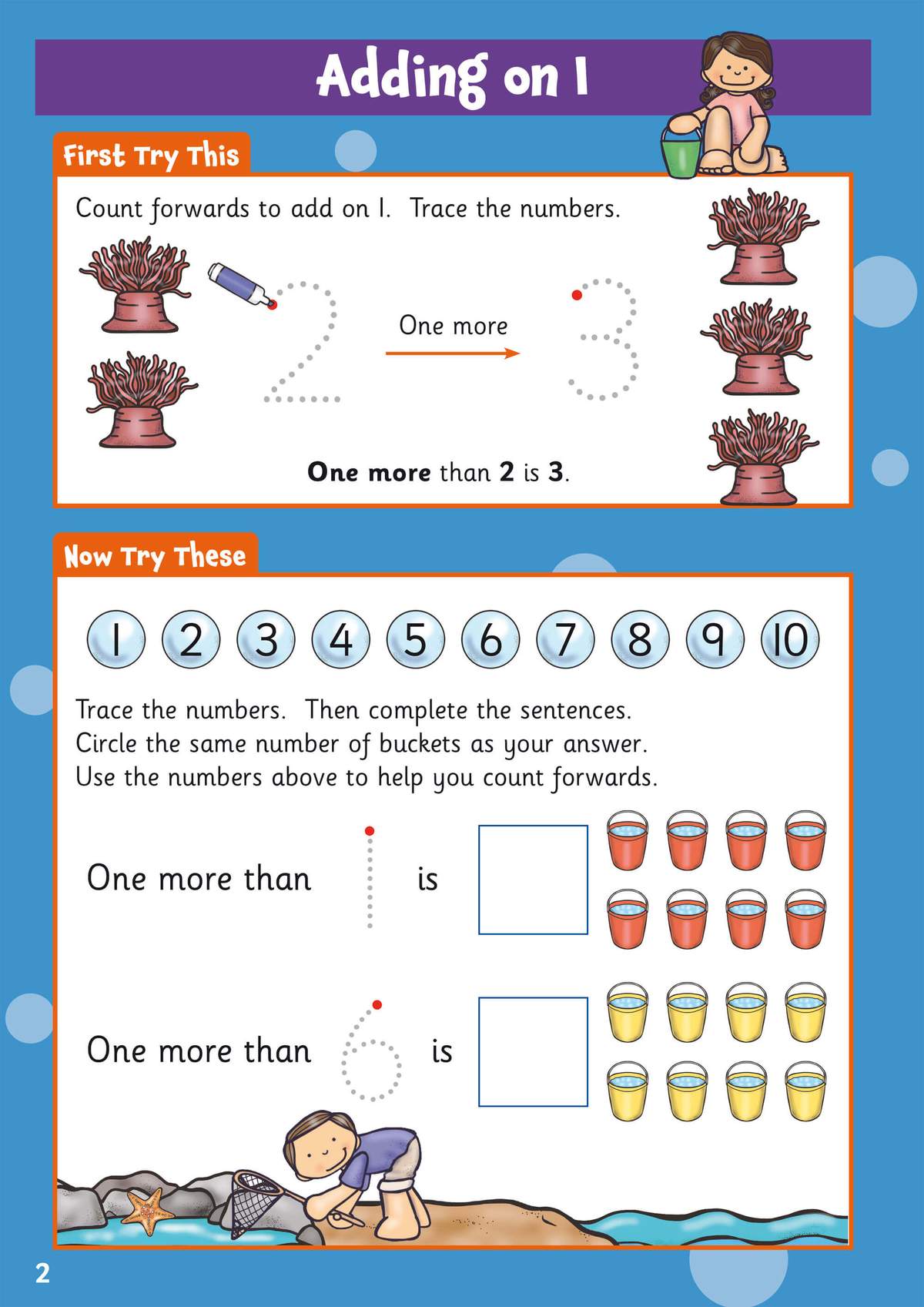 Children trace numbers and complete simple addition sentences by circling the correct number of buckets