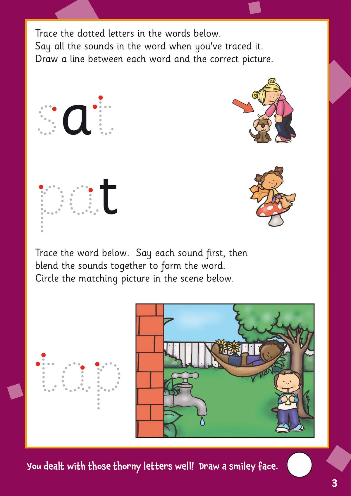 Children trace three CVC words, say the sounds, match them to pictures, and draw a smiley face to finish