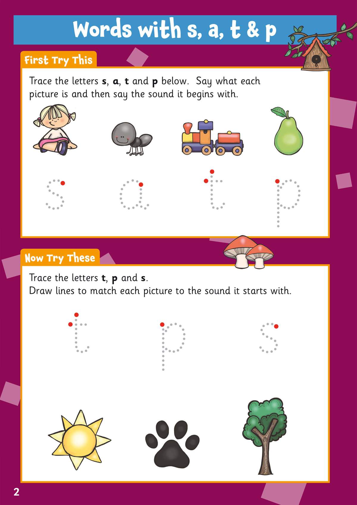 Children trace dotted letters s, a, t and p, then match pictures to their starting sounds with lines