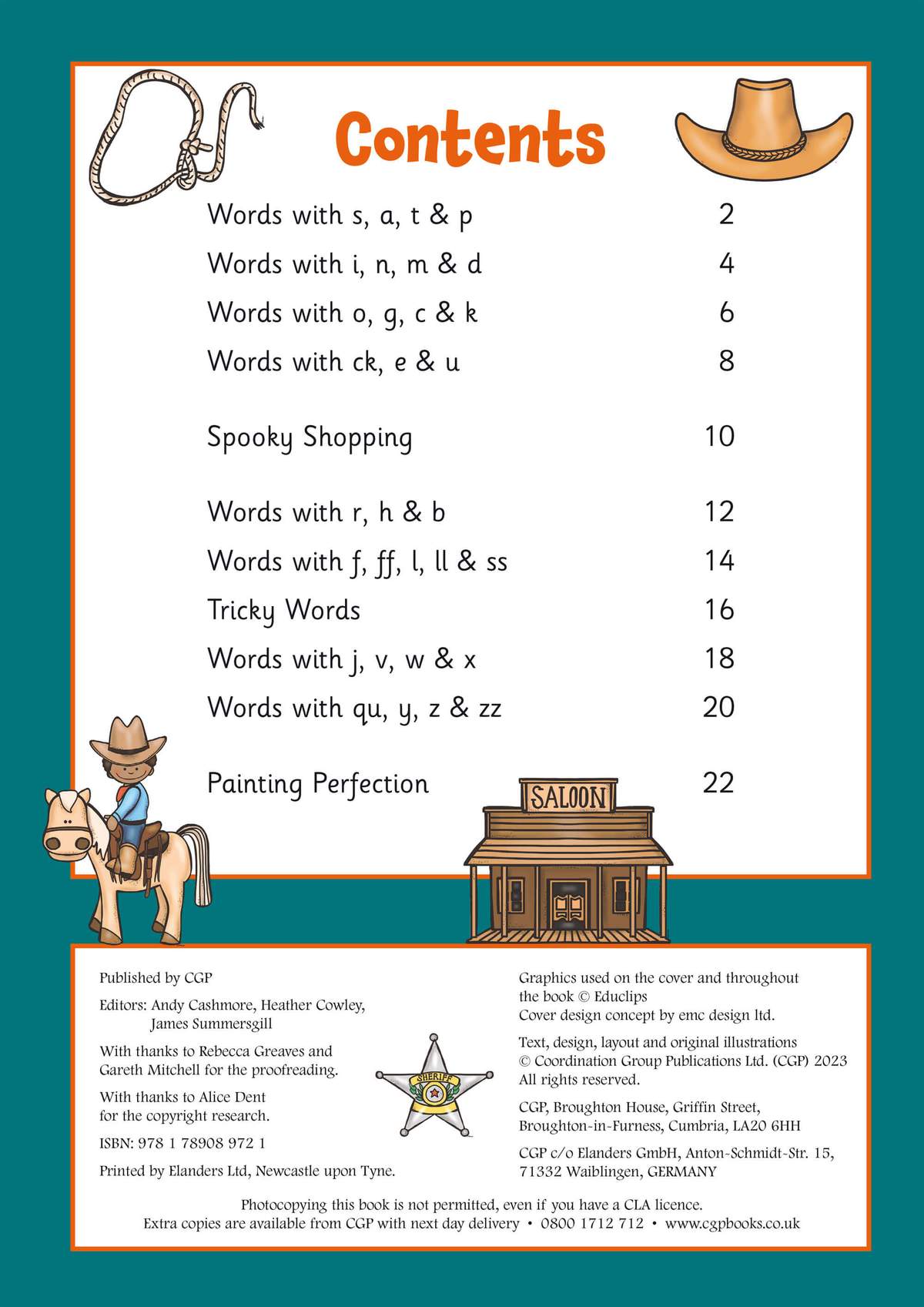 A contents page listing phonics topics and activities, with a western theme and an ISBN at the bottom