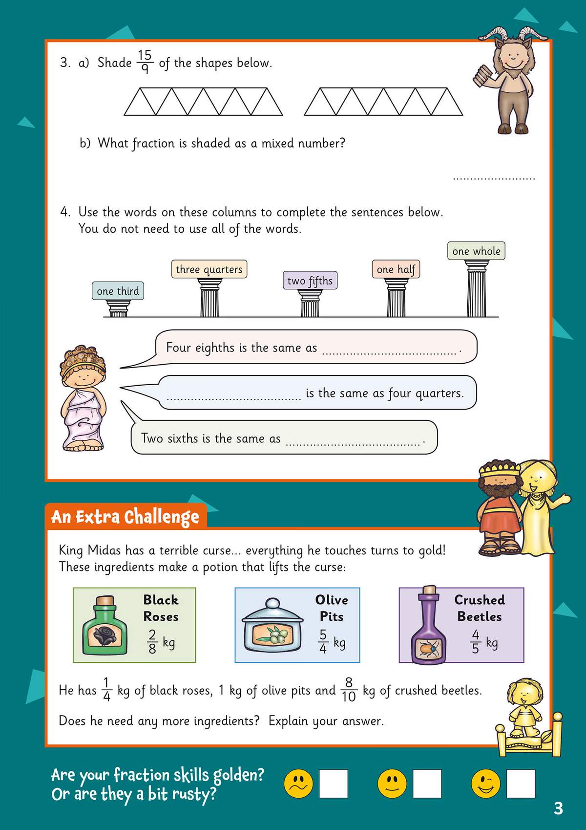 Children shade shapes, match fraction names to values, and solve a word problem about King Midas's potion ingredients