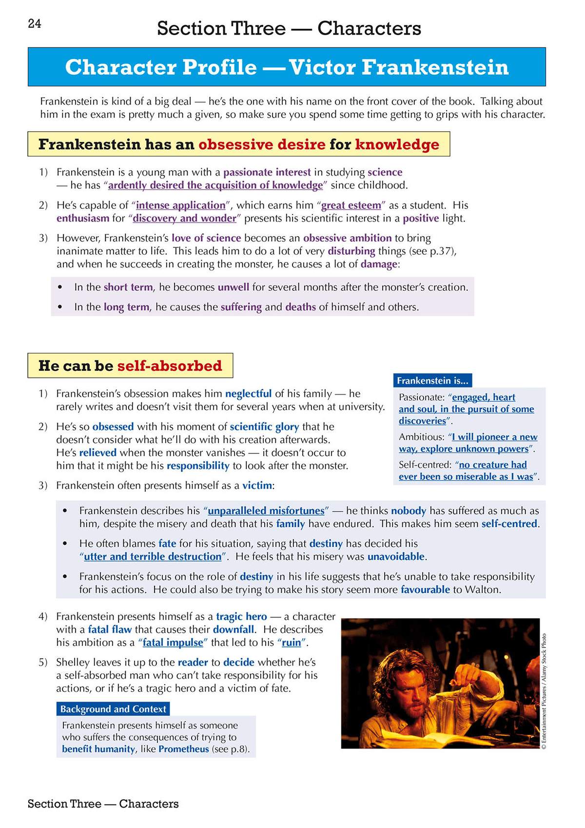 Detailed notes on Victor Frankenstein's character traits, motivations and flaws, with a film still for context