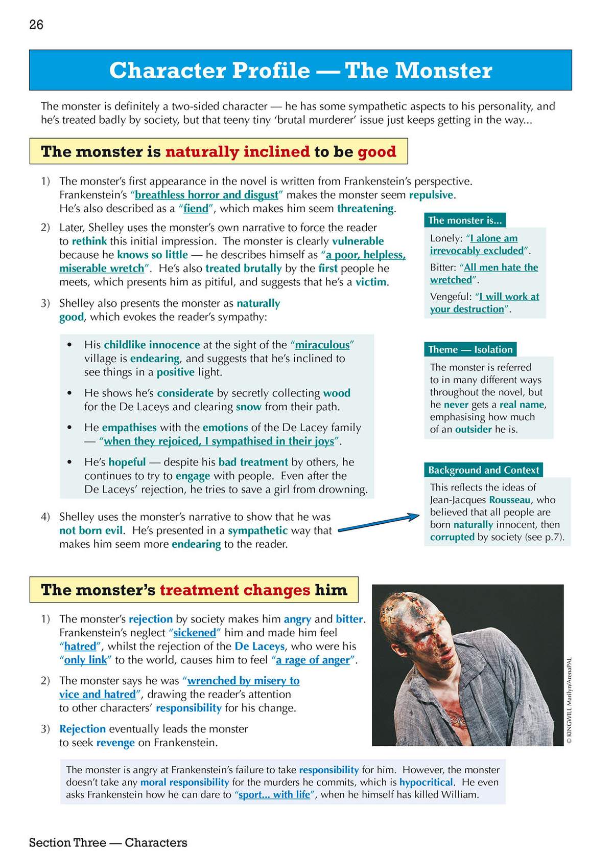 Detailed notes on the monster's nature and treatment, with a photo of an actor portraying the character