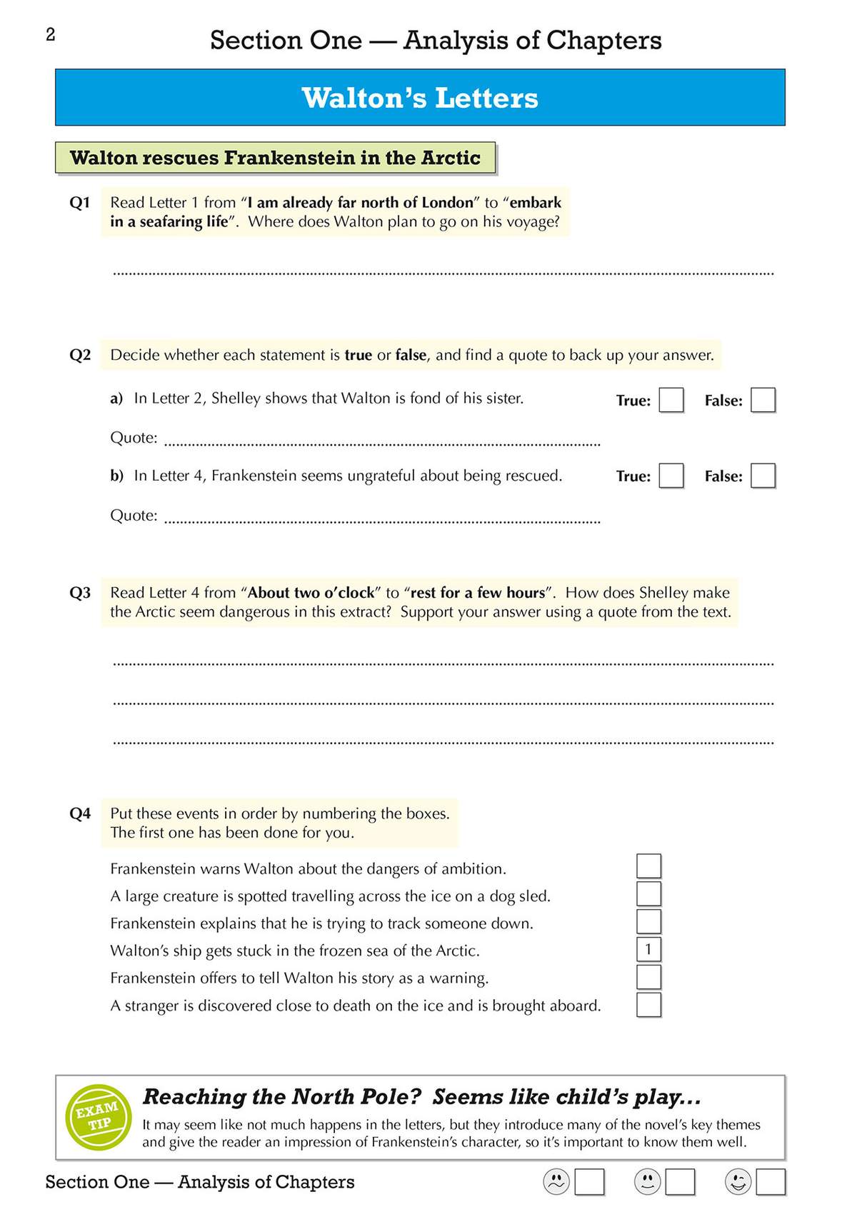 Students answer four questions about Walton's letters, including true/false statements and ordering events