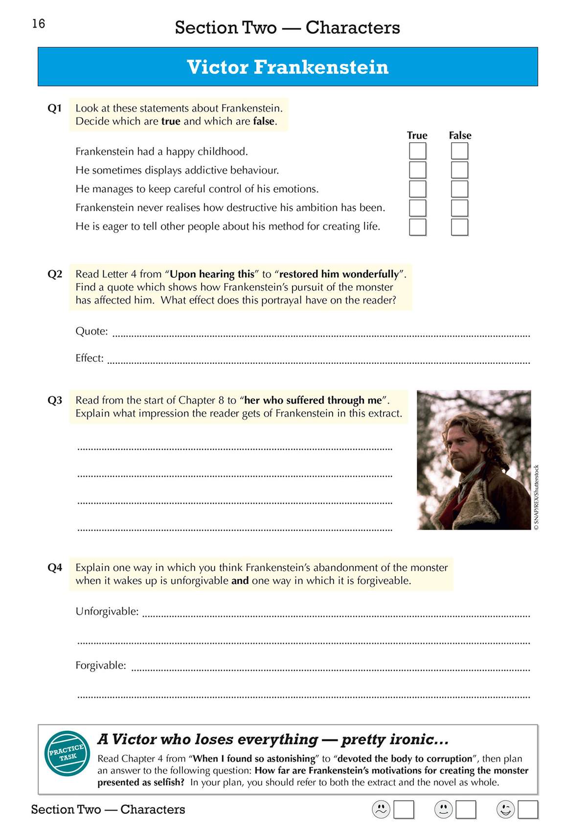 Four questions on Victor Frankenstein's character, including true/false statements, quote selection