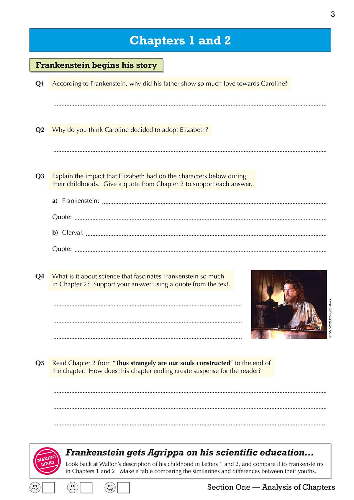 Students answer five questions about Frankenstein's story, including character analysis and suspense, plus a linking task