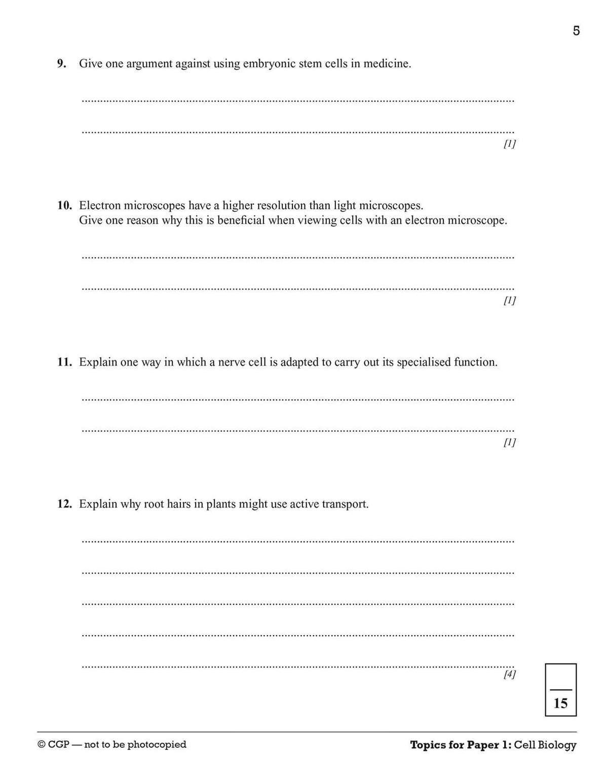 Four short-answer questions on stem cells, microscopes, nerve cells and root hairs, each with a mark value shown