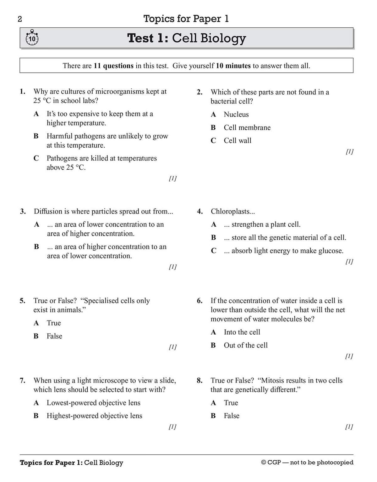 A timed test on cell biology with 11 multiple choice and true or false questions to practise for the AQA exam