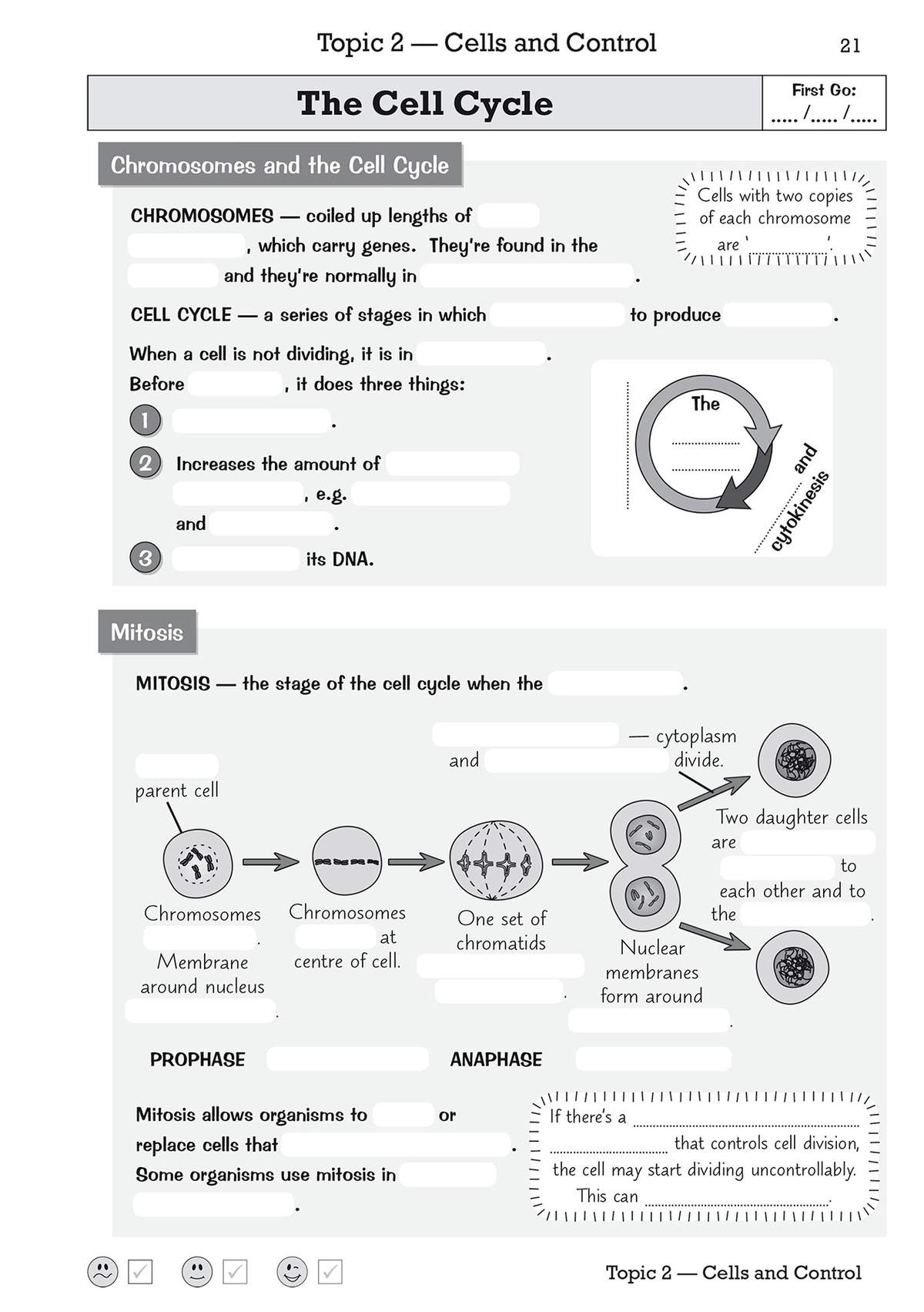 A fill-in-the-blank worksheet on the cell cycle and mitosis, with diagrams to label and a self-assessment scale at the bottom